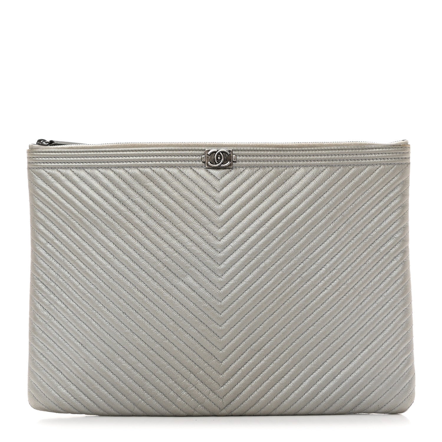 Chanel Metallic Caviar Chevron Quilted Large Boy Cosmetic Case Silver 1 of 9