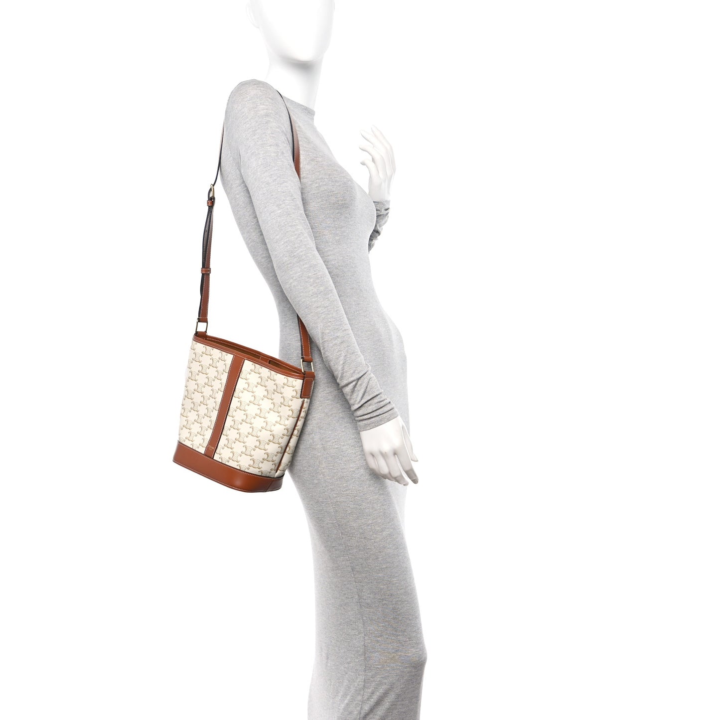 Triomphe Canvas Calfskin Small Bucket Bag White