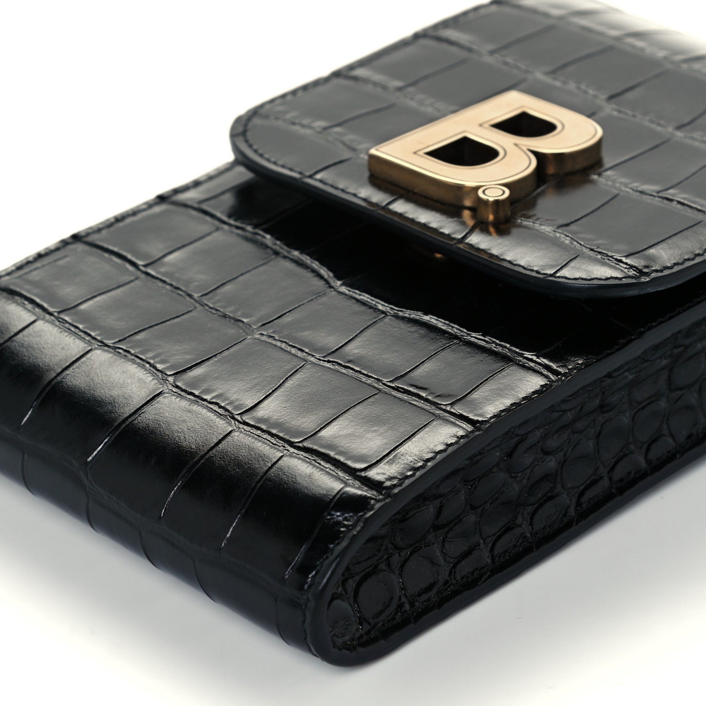 Shiny Calfskin Crocodile Embossed B Phone Holder Black