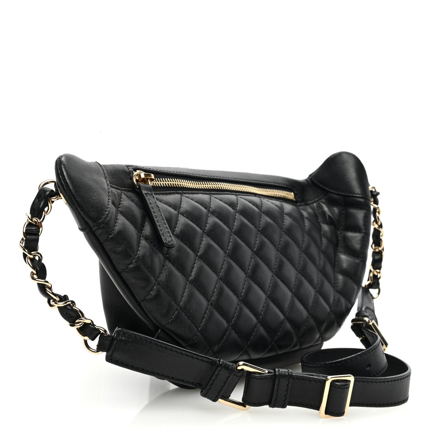 Crumpled Glazed Lambskin Quilted Waist Bag Fanny Pack Black