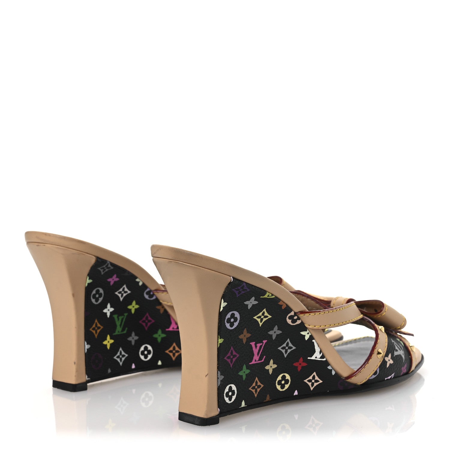 Louis Vuitton Monogram Multicolor Bow Wedge Sandals 38.5 Black 5 of 15