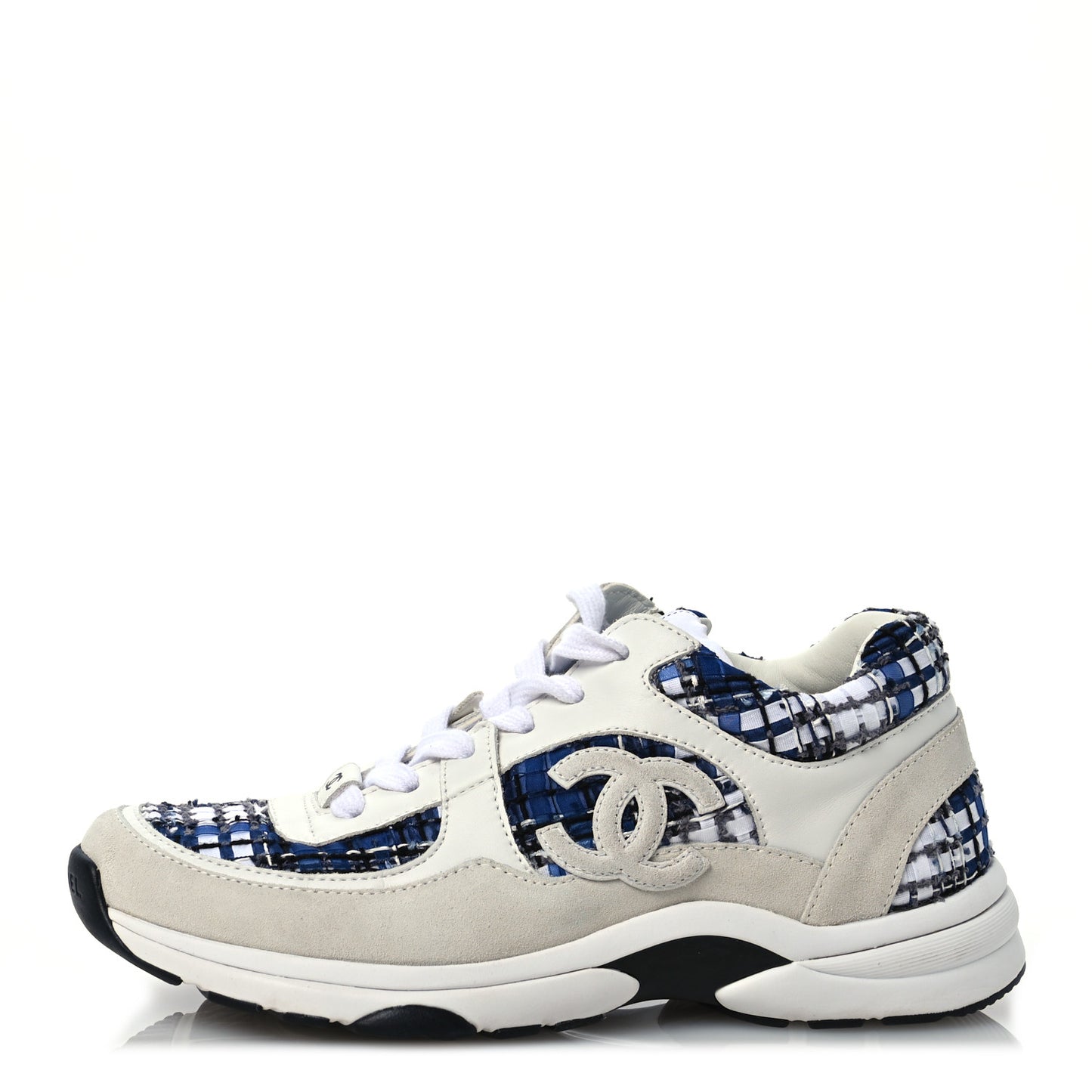 Tweed Suede Calfskin Womens CC Sneakers 38.5 Dark Blue Black Grey White