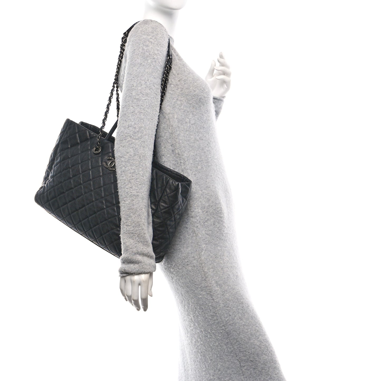Caviar Quilted Large Coco Handle Shopping Tote Black