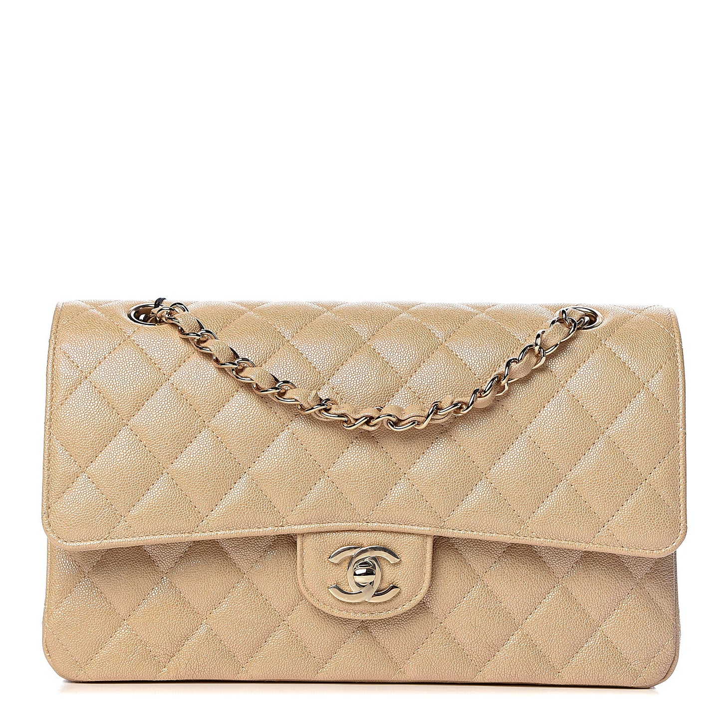 Iridescent Caviar Quilted Medium Double Flap Beige