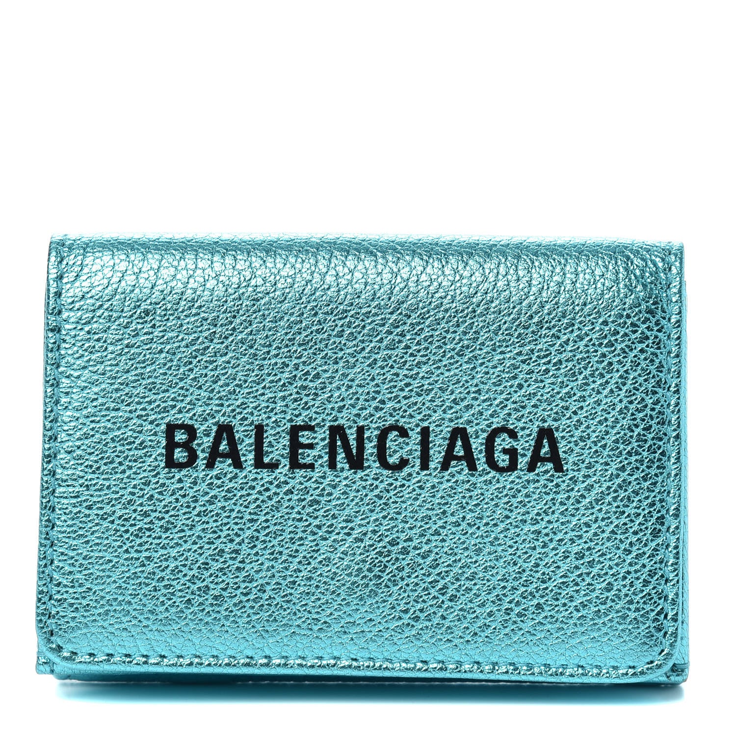 Balenciaga Metallic Goatskin Logo Mini Everyday Wallet Turquoise Black 1 of 7