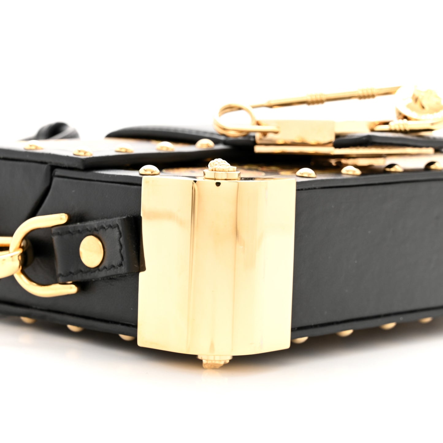 X VERSACE Vitello Cover Fendace Mini FF Baroque Brooch Studded Mini Baguette Trunk Black Gold