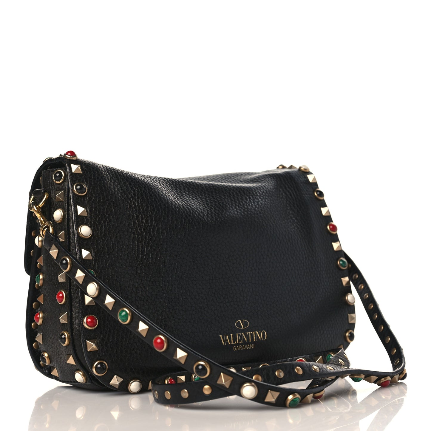 Pebbled Calfskin Medium Rockstud Rolling Flap Saddle Bag Black