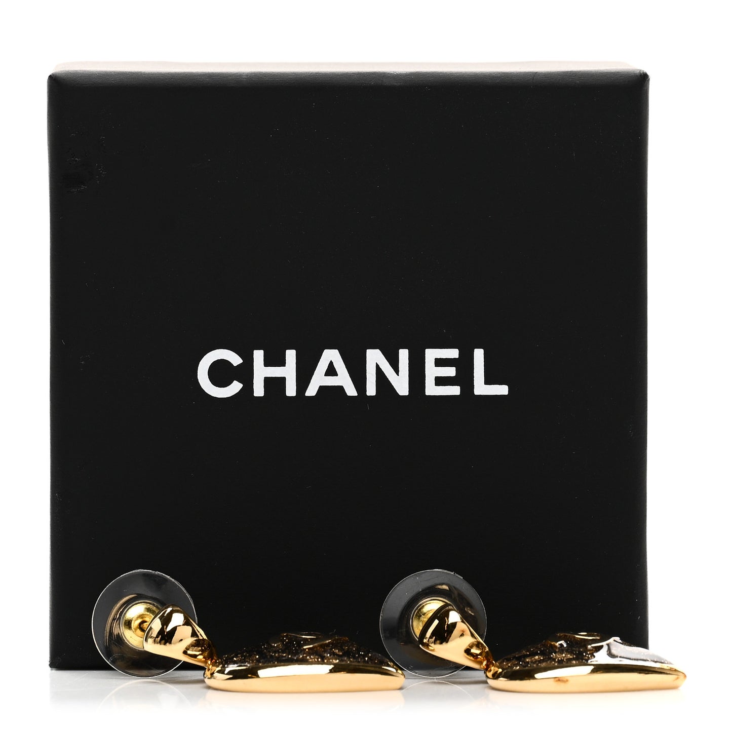 Metal Lace Resin Glass CC Heart Drop Earrings Gold Black