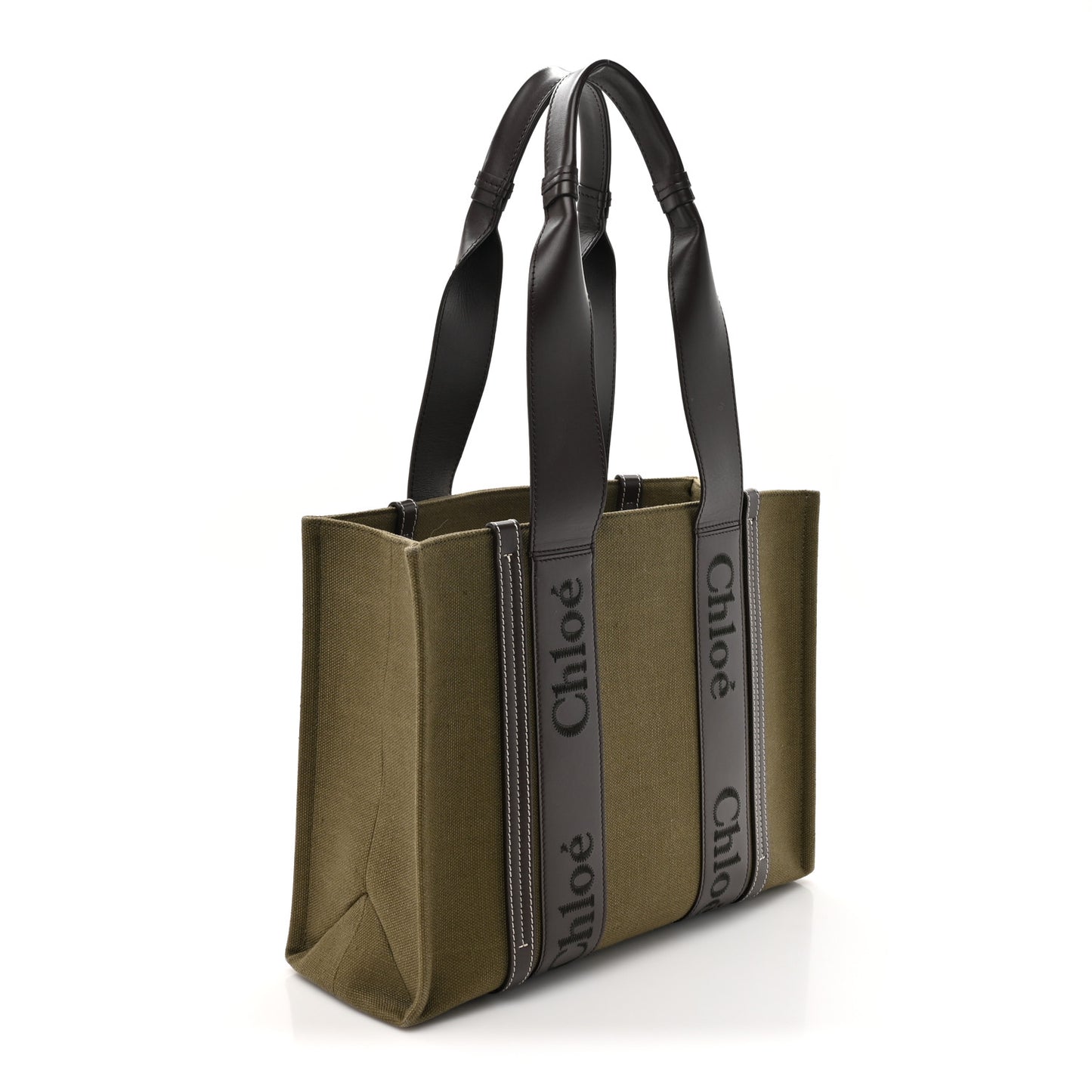 Linen Calfskin Medium Woody Tote Warm Green