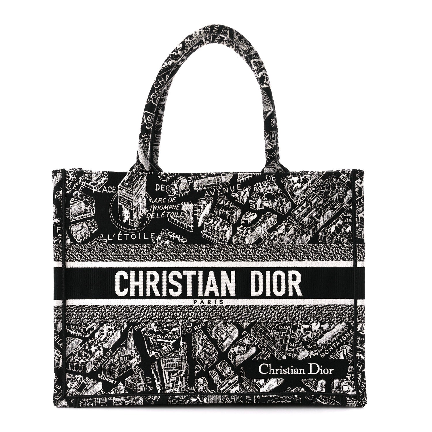 Christian Dior Canvas Embroidered Medium Plan De Paris Book Tote Black White 1 of 11