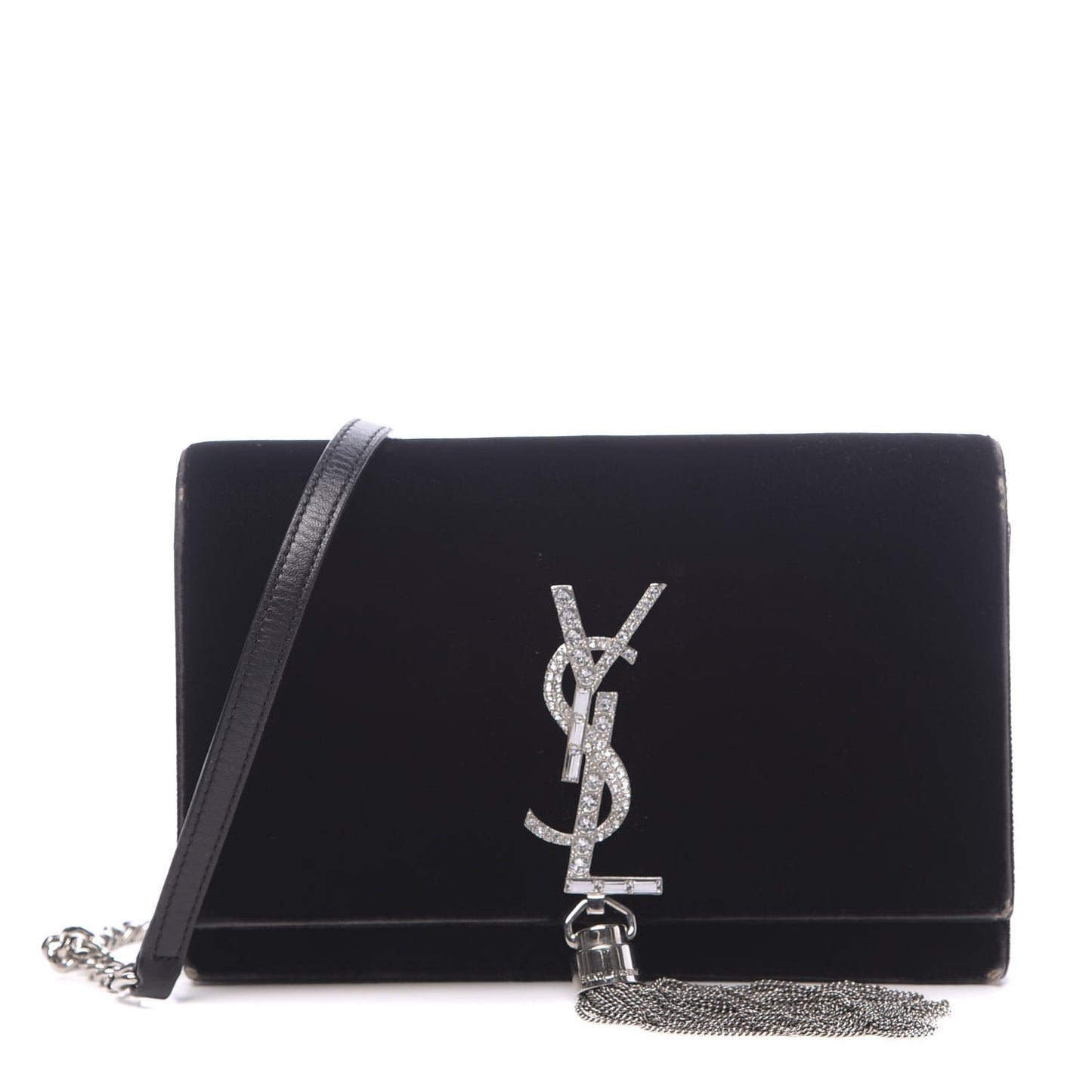 Velvet Crystal Monogram Tassel Chain Wallet Black