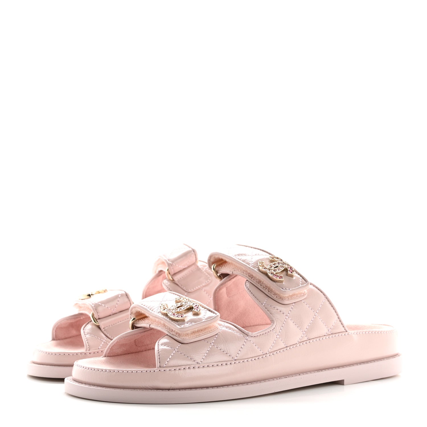 Chanel Shiny Calfskin Quilted Velcro Dad Crystal CC Slide Sandals 37 Light Pink 4 of 10
