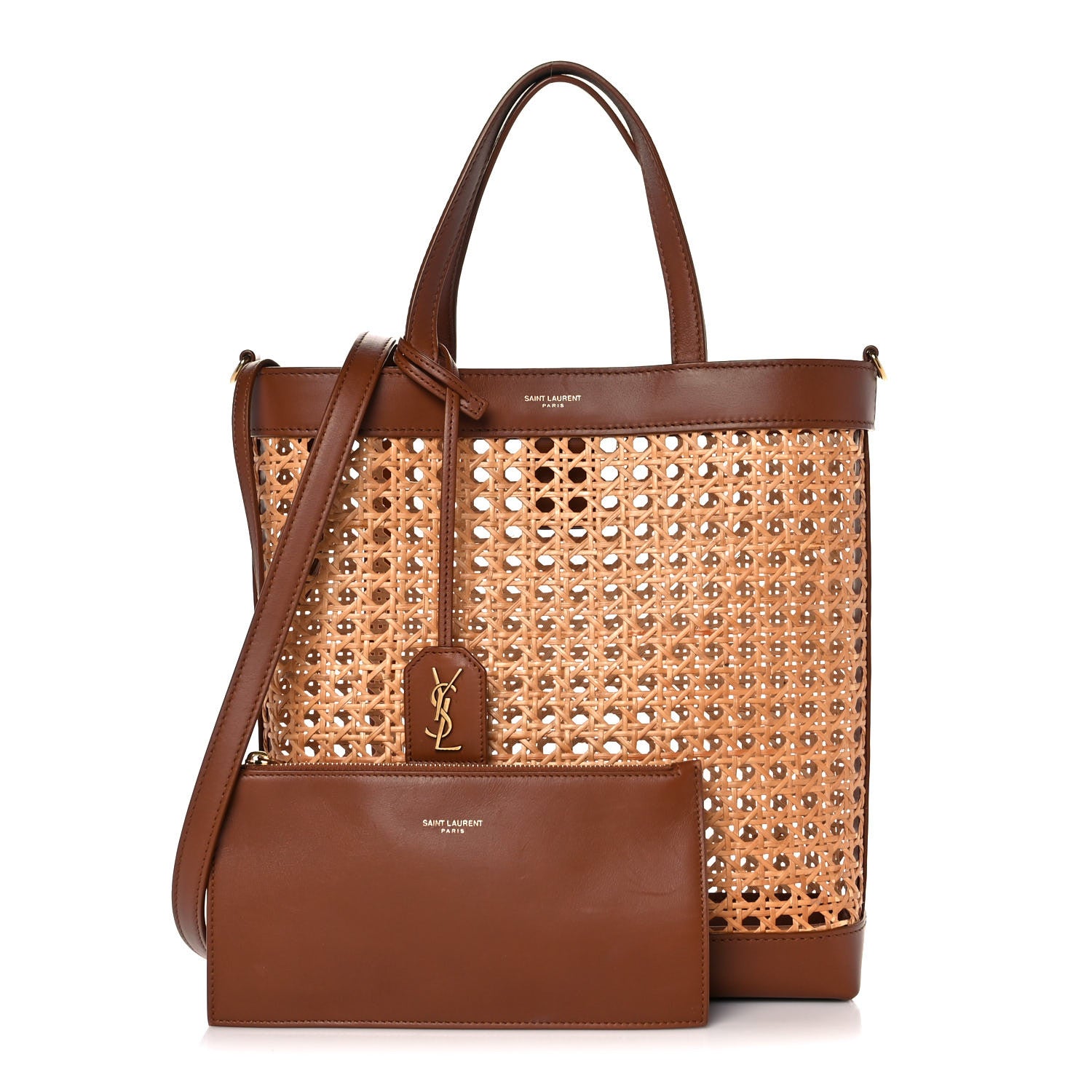 タイムセール！Yves Saint Laurent ブラウン ハンドバッグ Saint Laurent Woven Cane Calfskin North South Shopper Tote Brown