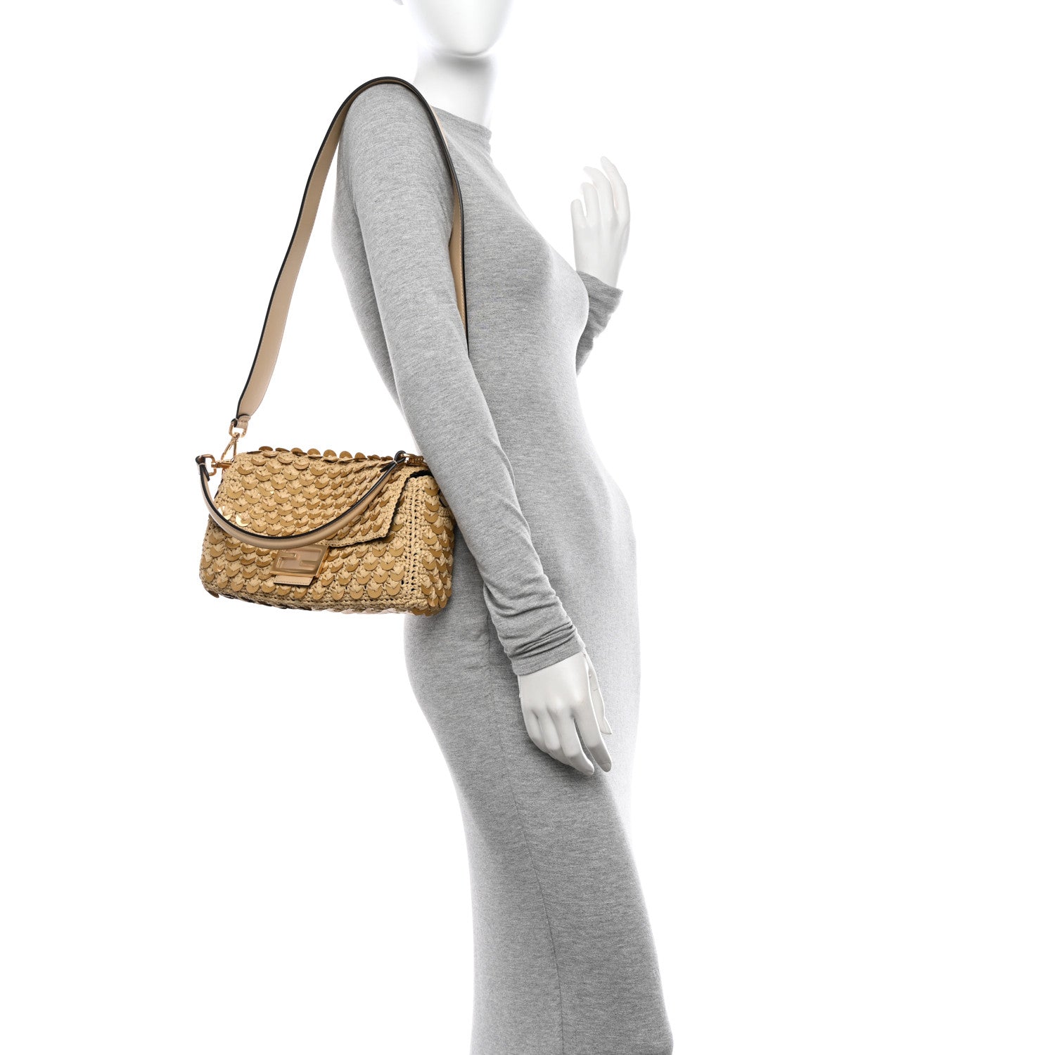 Fendi Sequin Macrame Baguette Beige Gold 2 of 11