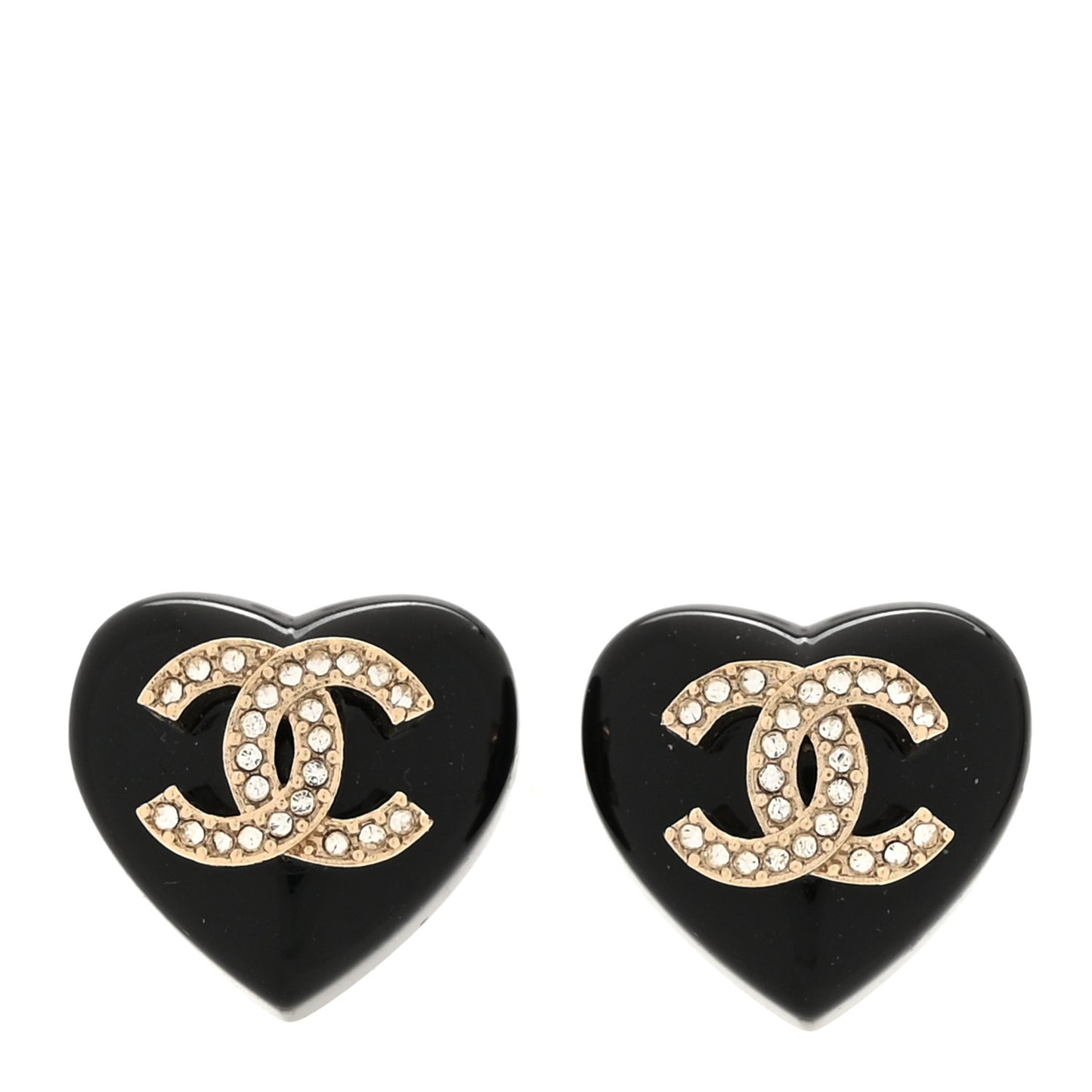 Resin Crystal CC Heart Earrings Black Gold