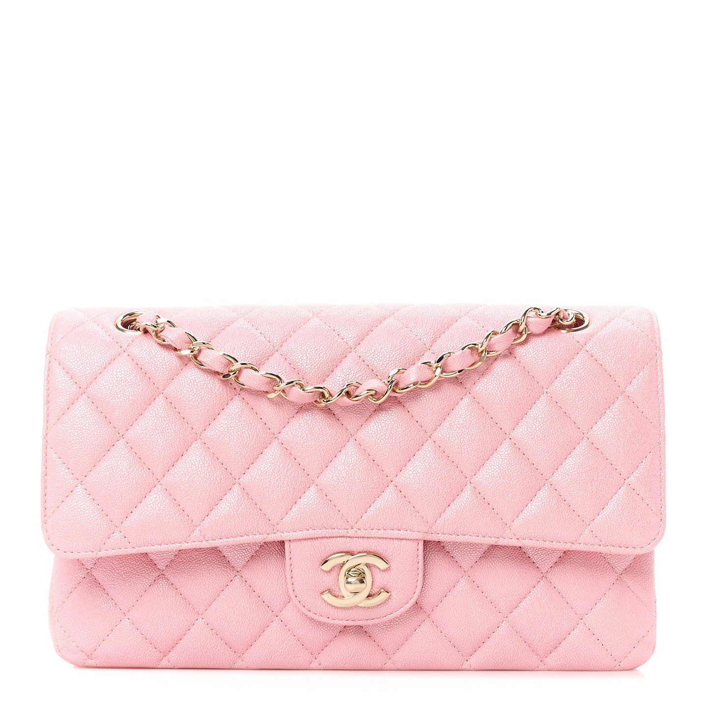 Iridescent Caviar Quilted Medium Double Flap Rose Pink