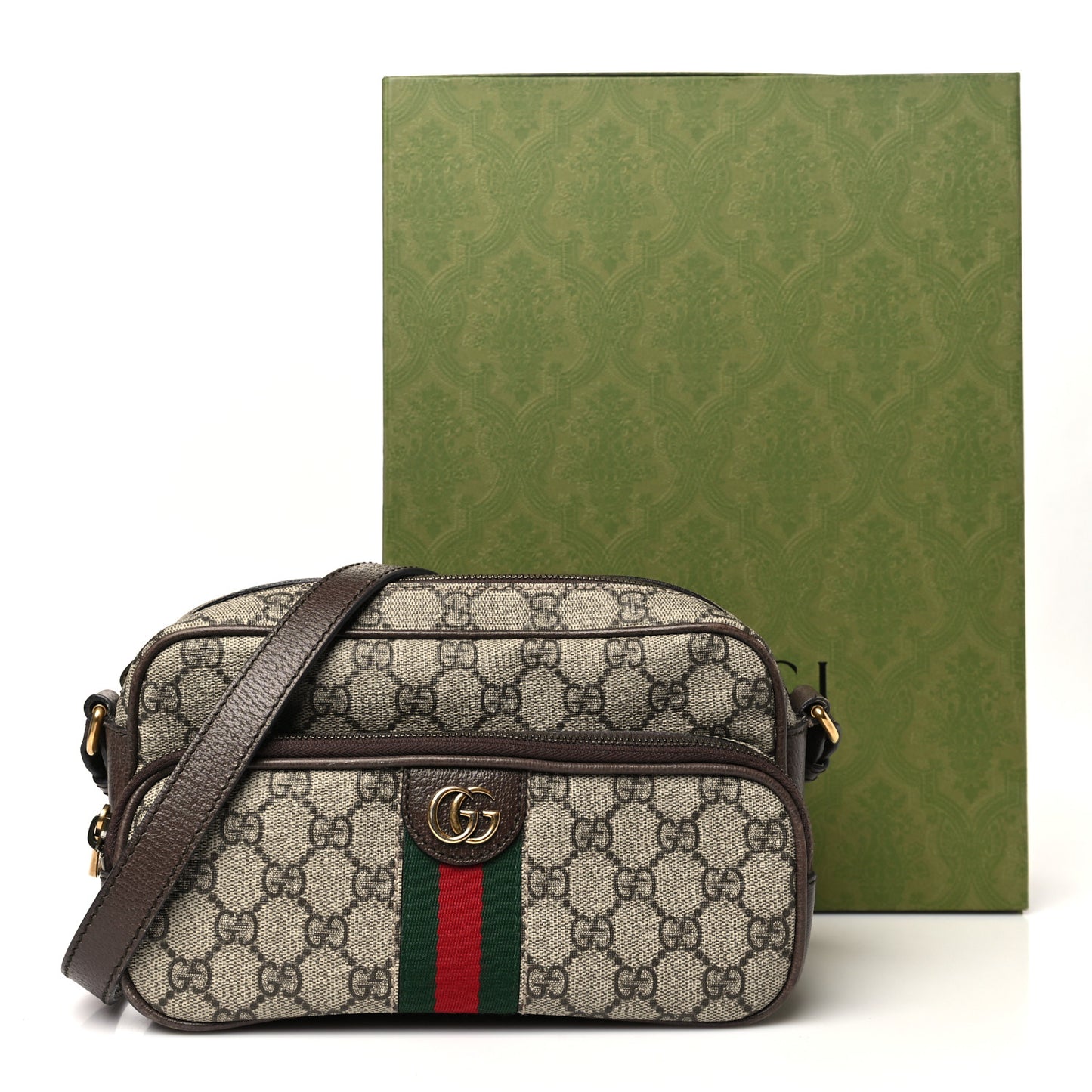 GG Supreme Monogram Textured Dollar Calfskin Web Mini Ophidia Convertible Shoulder Bag Beige Ebony New Acero