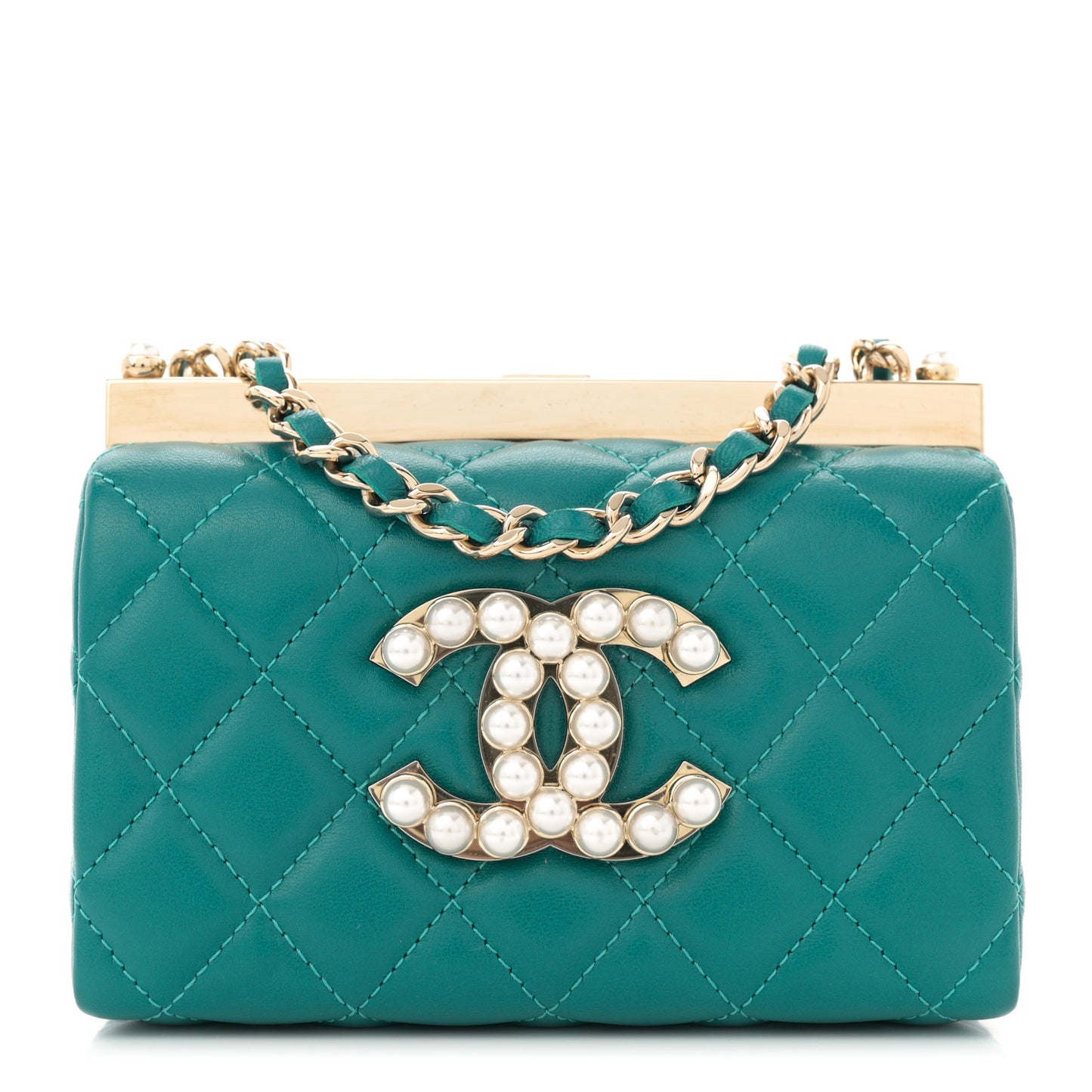 Lambskin Quilted Pearl CC Vanity Case Turquoise