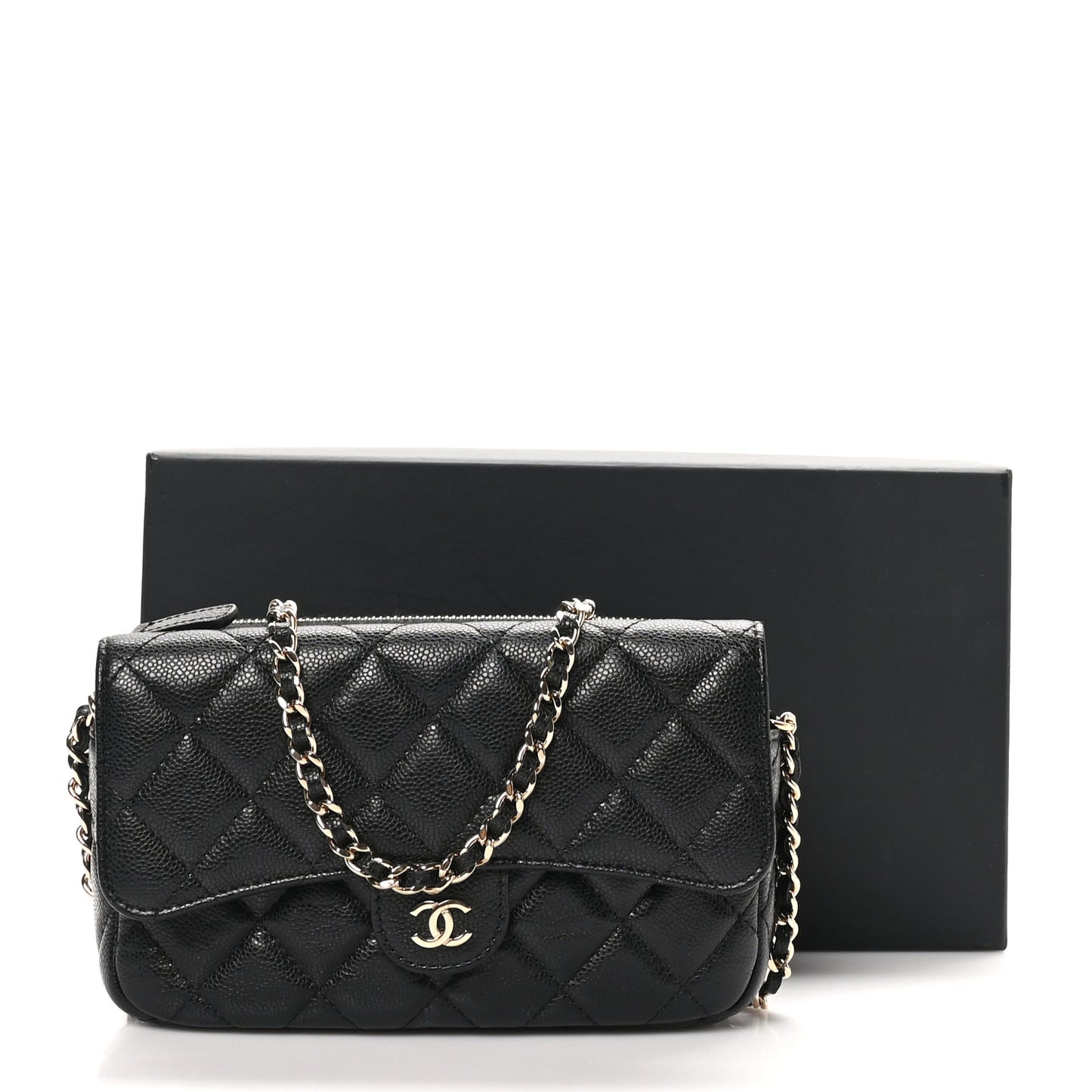 Caviar Quilted Flap Phone Holder With Chain Black