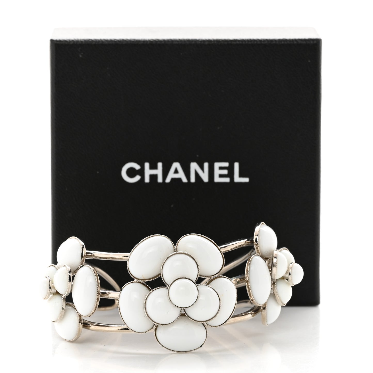 Metal Enamel Camellia CC Bracelet Silver White
