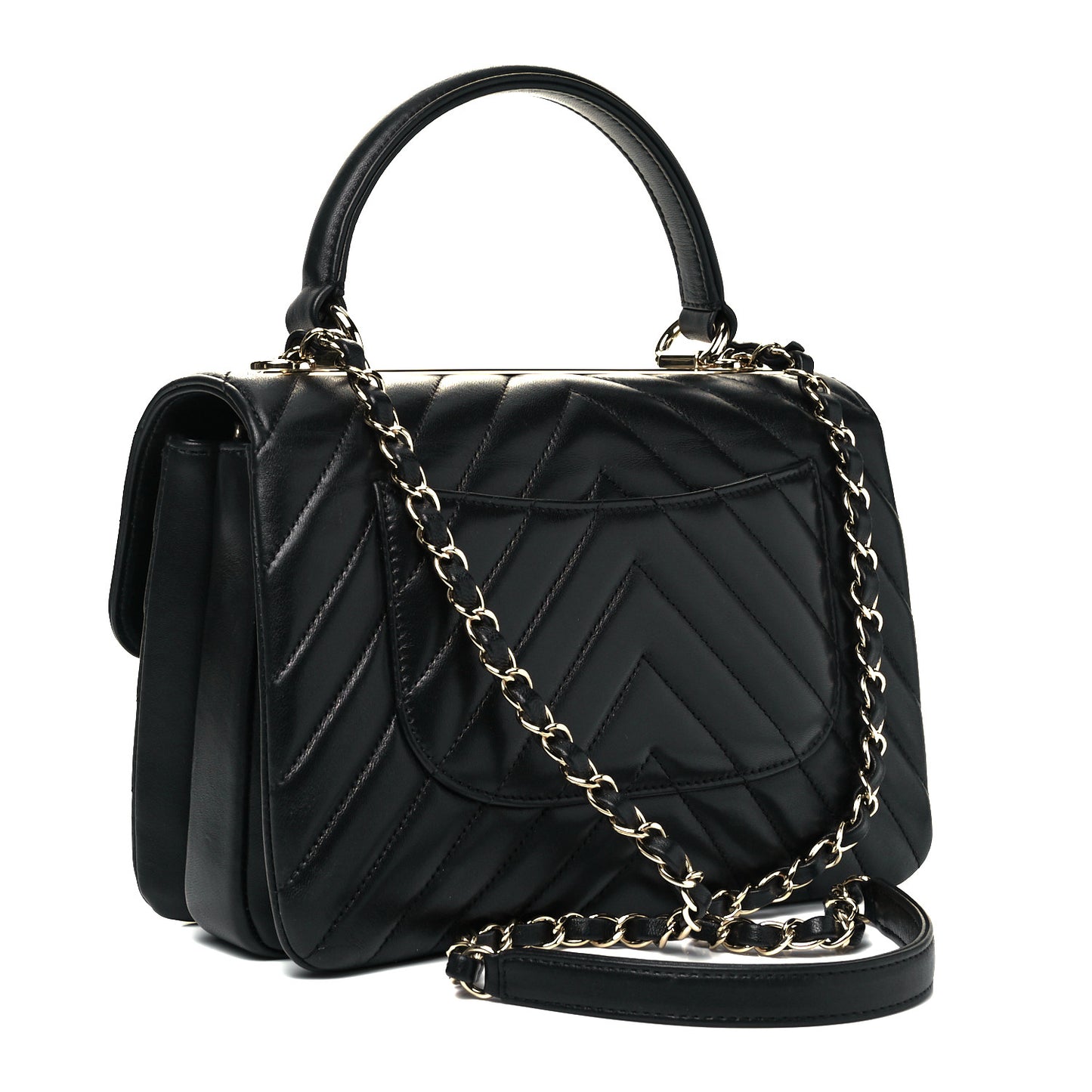 Lambskin Chevron Quilted Small Trendy CC Dual Handle Flap Bag Black