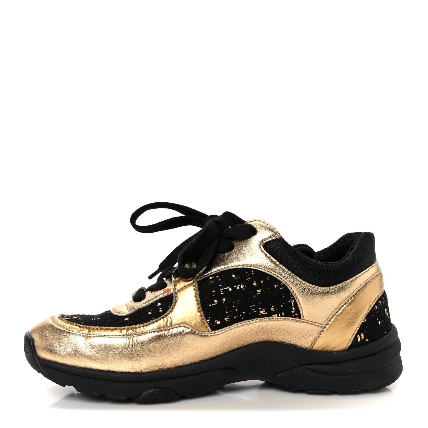Chanel Satin Lambskin Fabric Tweed CC Sneakers 35.5 Gold Black Chanel Satin Lambskin Fabric Tweed CC Sneakers 35.5 Gold Black