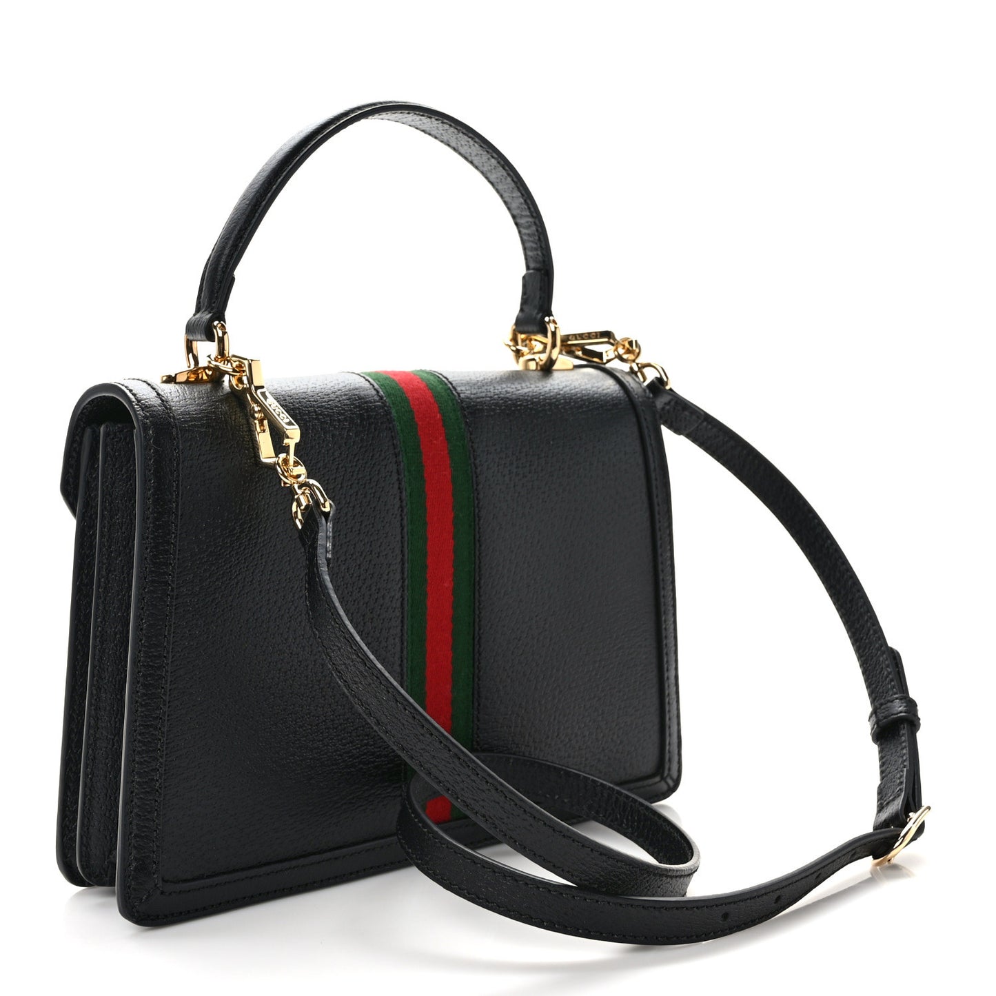 Textured Dollar Calfskin Web Small Ophidia Padlock Top Handle Bag Black