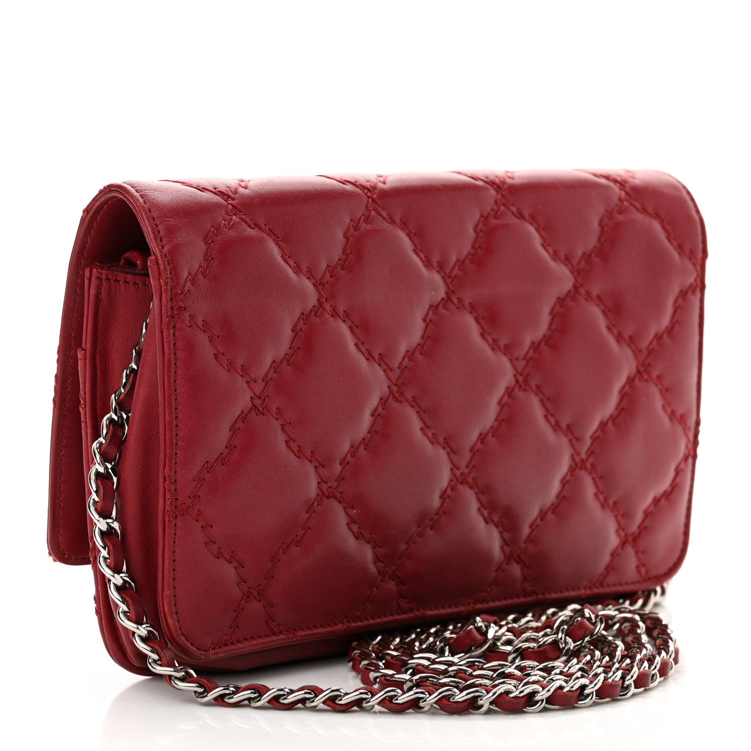 Chanel Calfskin Double Stitch Hamptons Wallet On Chain WOC Red 3 of 14