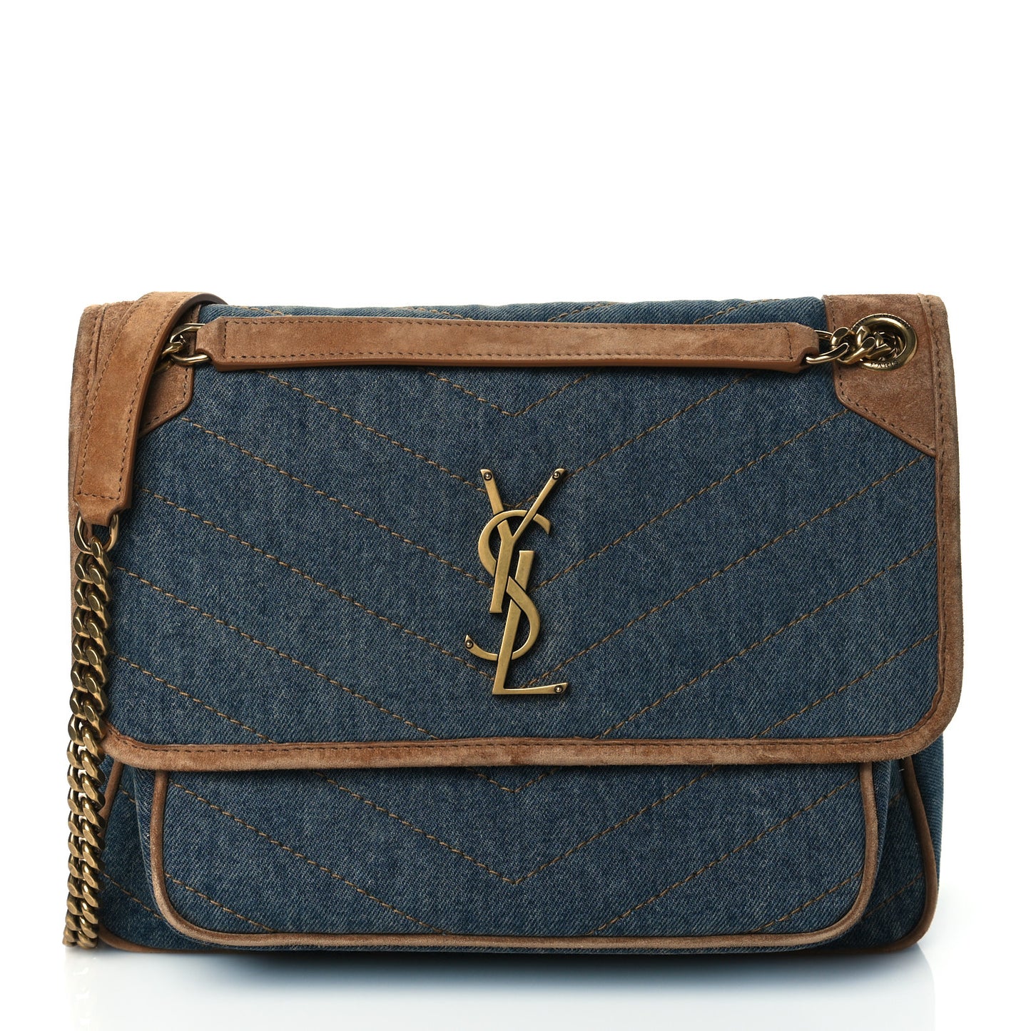 Denim Suede Monogram Medium Niki Chain Satchel Blue Cinnamon