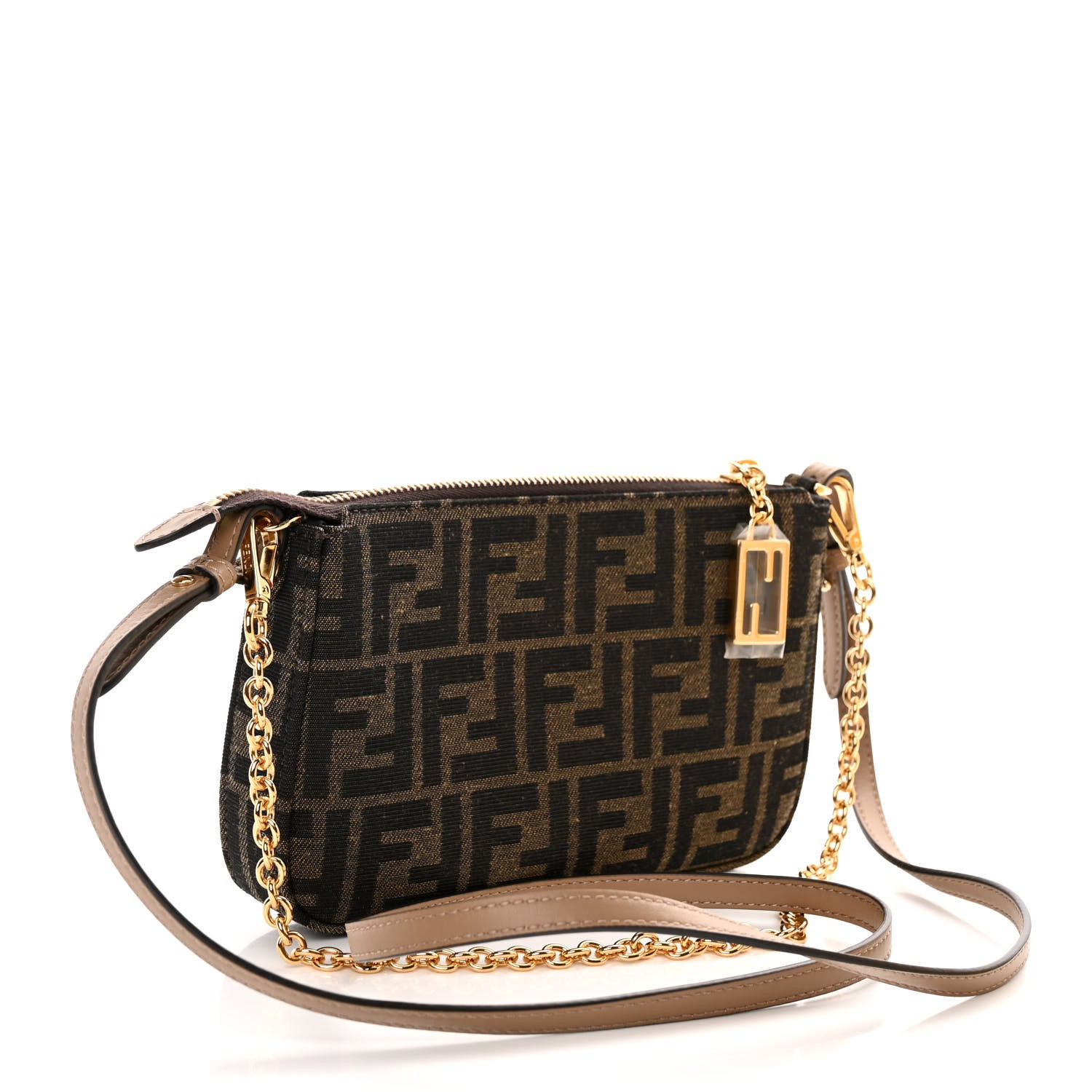Fendi Fabric Jacquard Vitello Grace FF 1974 Baguette Pouch Tobacco Moro Sand 3 of 10