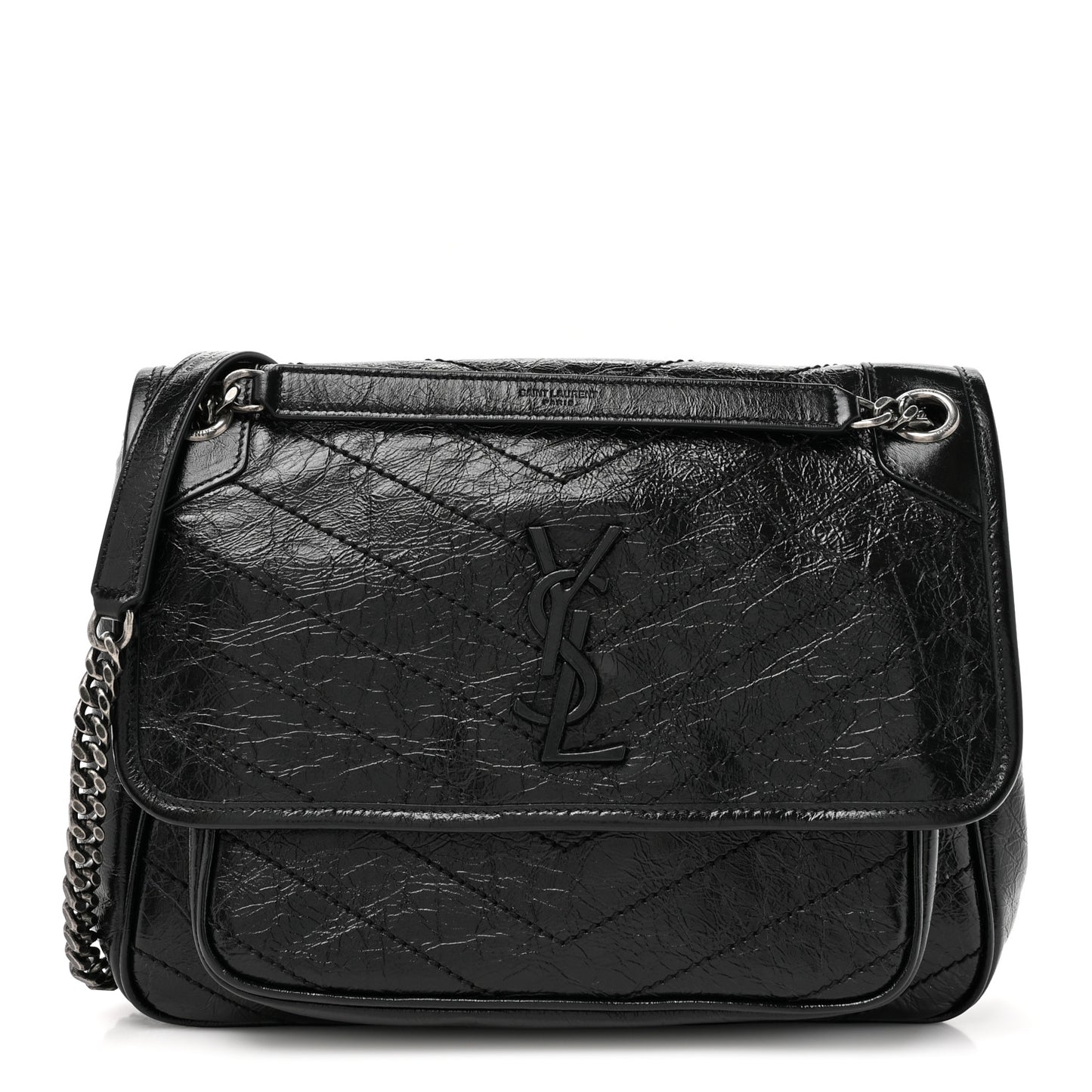 Crinkled Calfskin Matelasse Monogram Medium Niki Chain Satchel Black