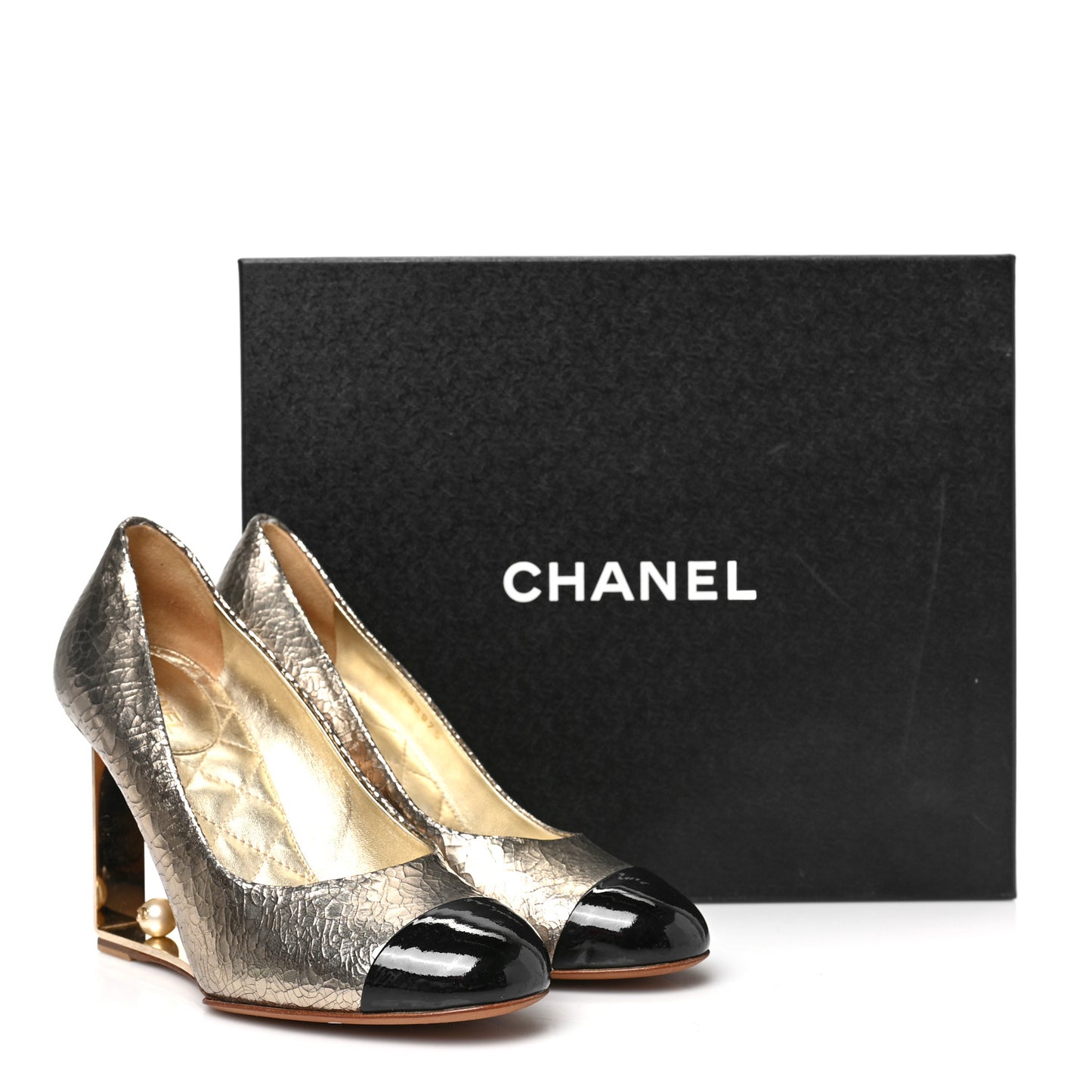 Metallic Crackled Goatskin Patent Cap Toe Pearl Pumps 38 Gold Black
