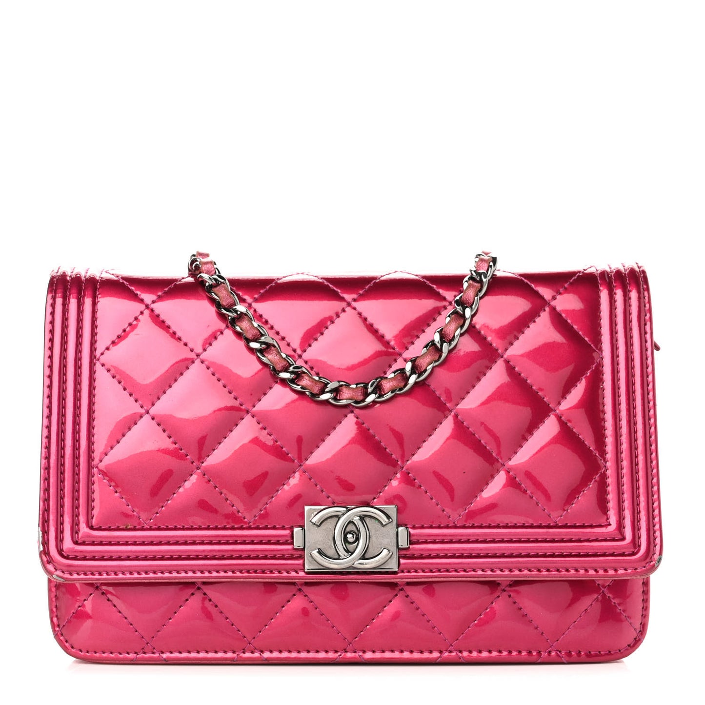 Metallic Patent Calfskin Quilted Boy Wallet On Chain WOC Fuchsia
