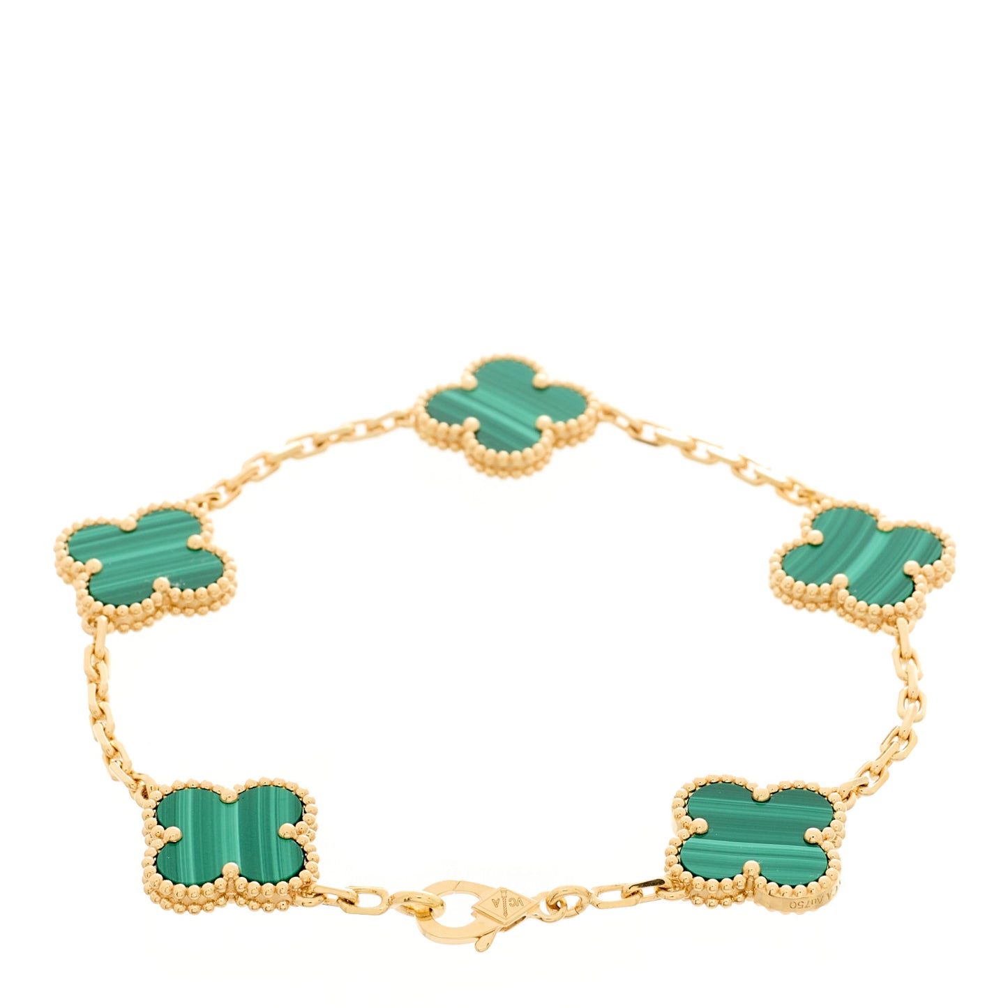 18K Yellow Gold Malachite 5 Motifs Vintage Alhambra Bracelet