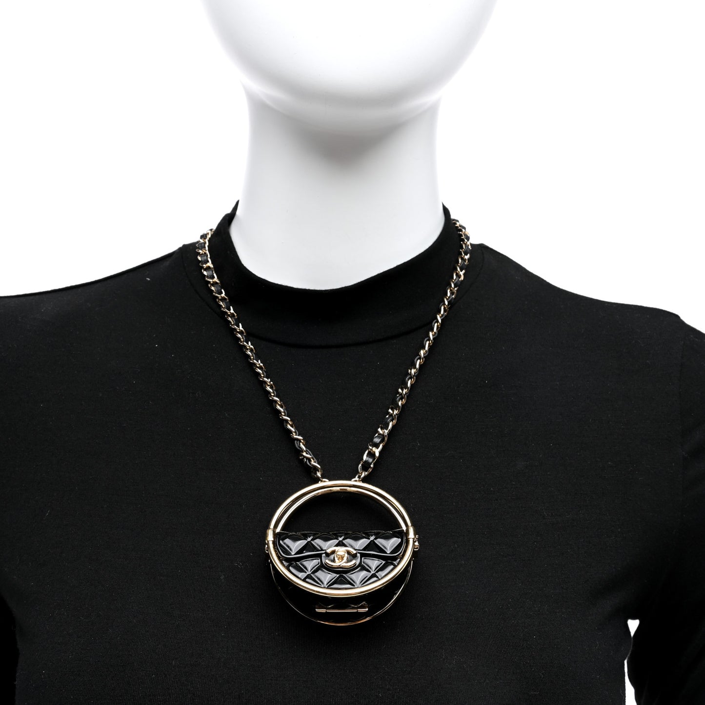 Metal Resin Quilted Flap Bag Hoop Mirror Necklace Black Gold