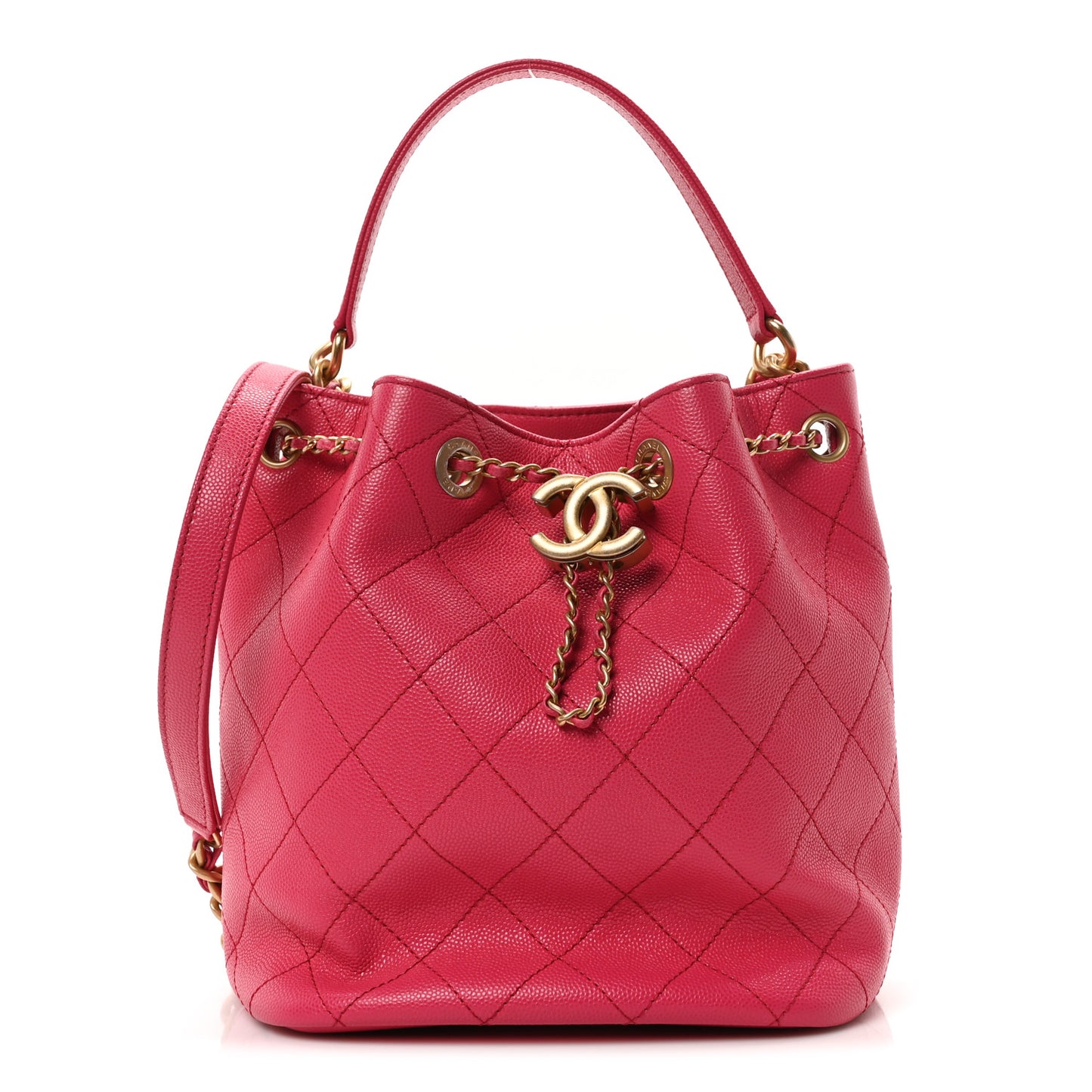 Caviar Quilted Fashion Therapy Bucket Drawstring Bag Dark Pink