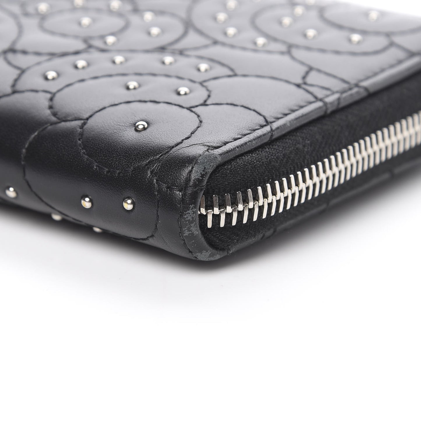 Lambskin Camellia Studded Large Gusset Zip Around Wallet Black