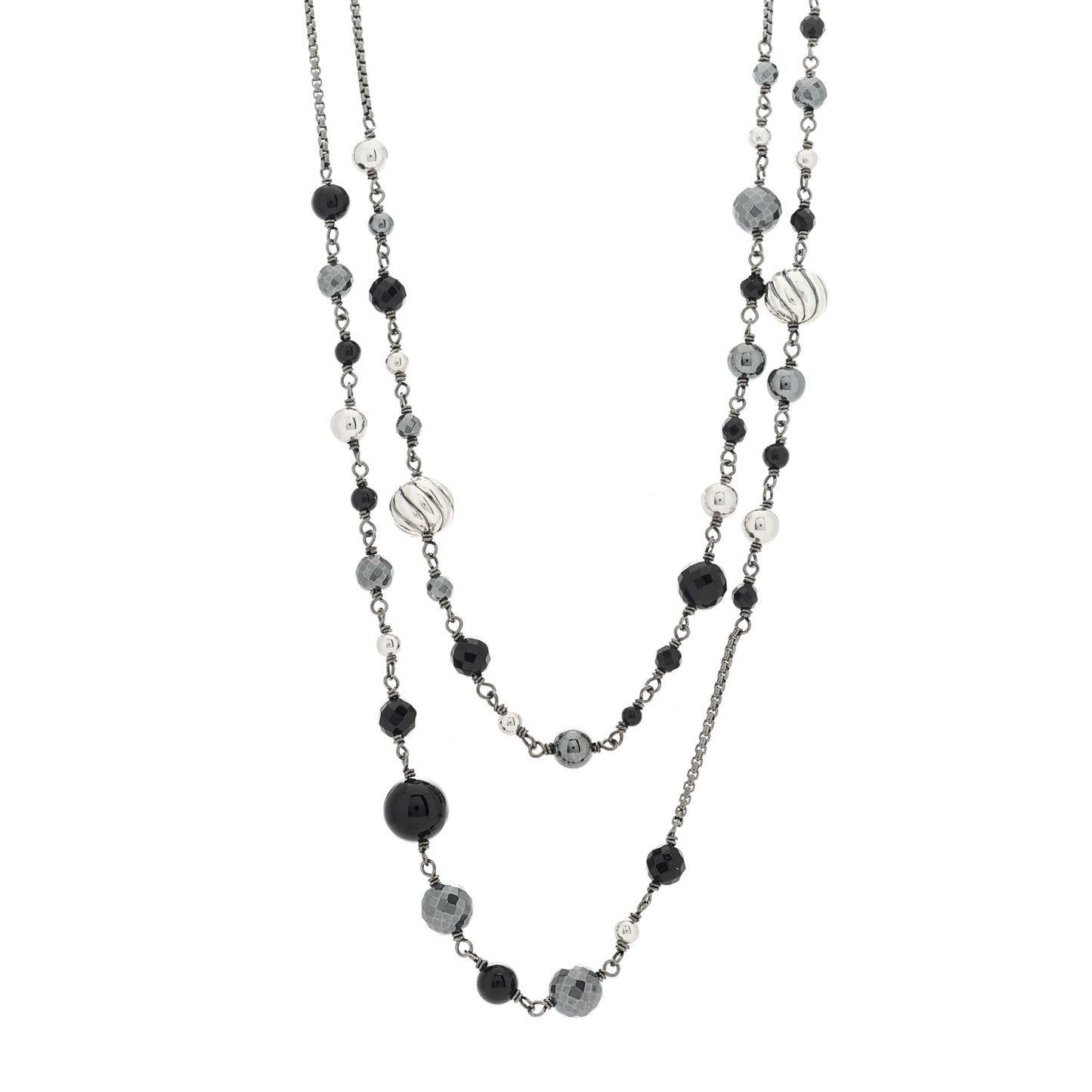 Darkened Sterling Silver Black Onyx Hematite Quatrefoil Bead Chain Necklace