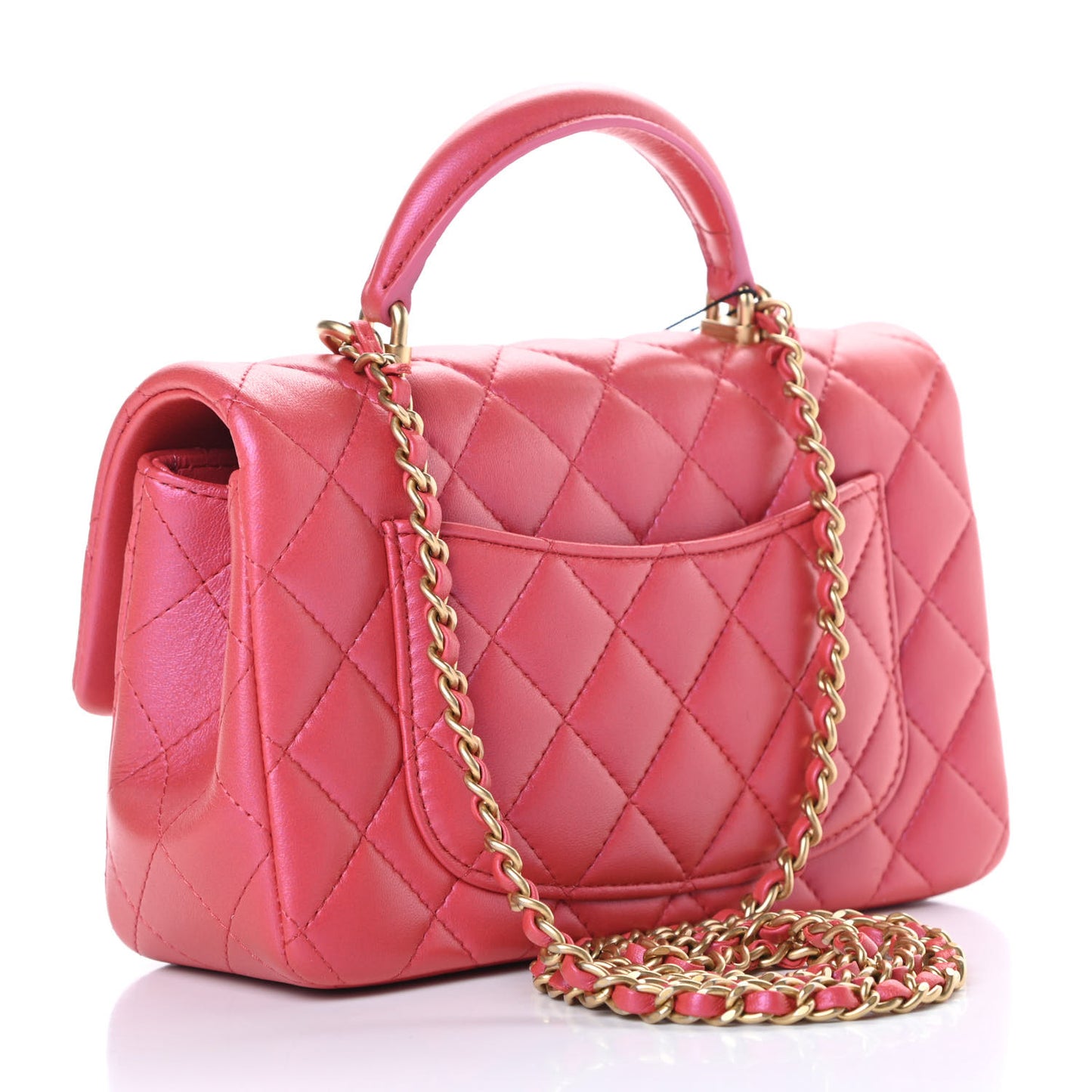 Iridescent Lambskin Quilted Mini Top Handle Rectangular Flap Red
