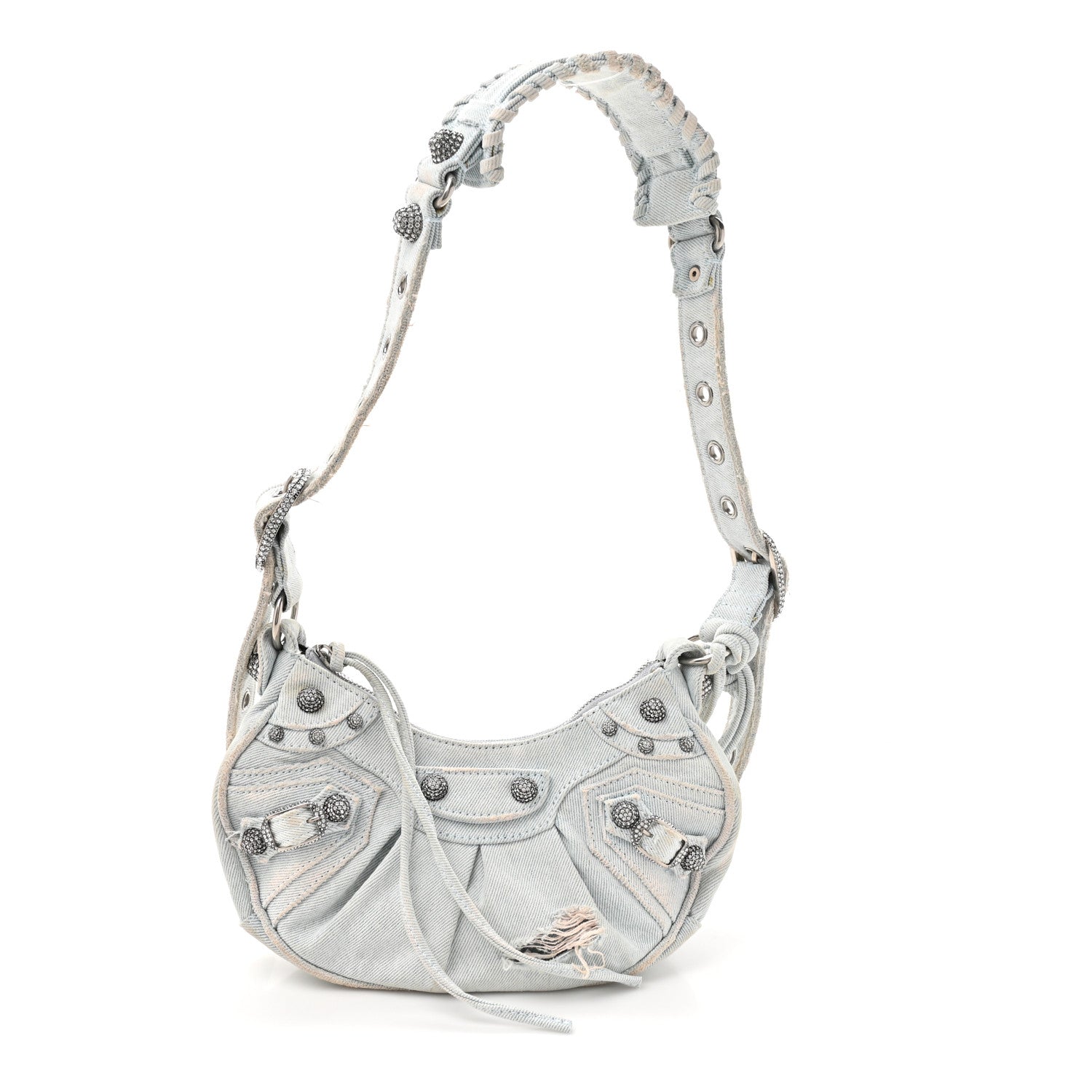 Balenciaga Washed Frayed Denim Crystal XS Le Cagole Shoulder Bag