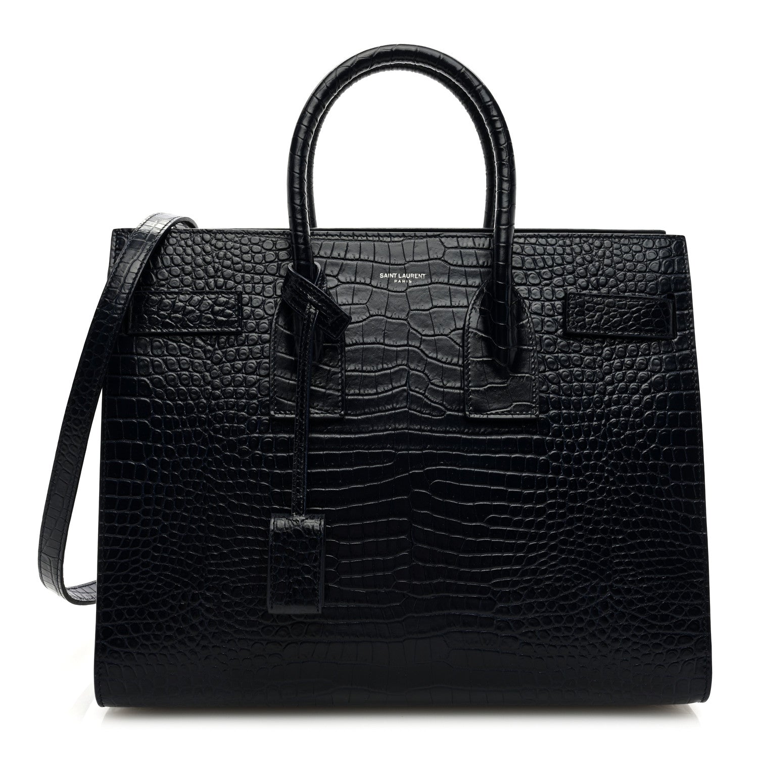 Saint Laurent Calfskin Crocodile Embossed Small Supple Sac de Jour Navy 1 of 8
