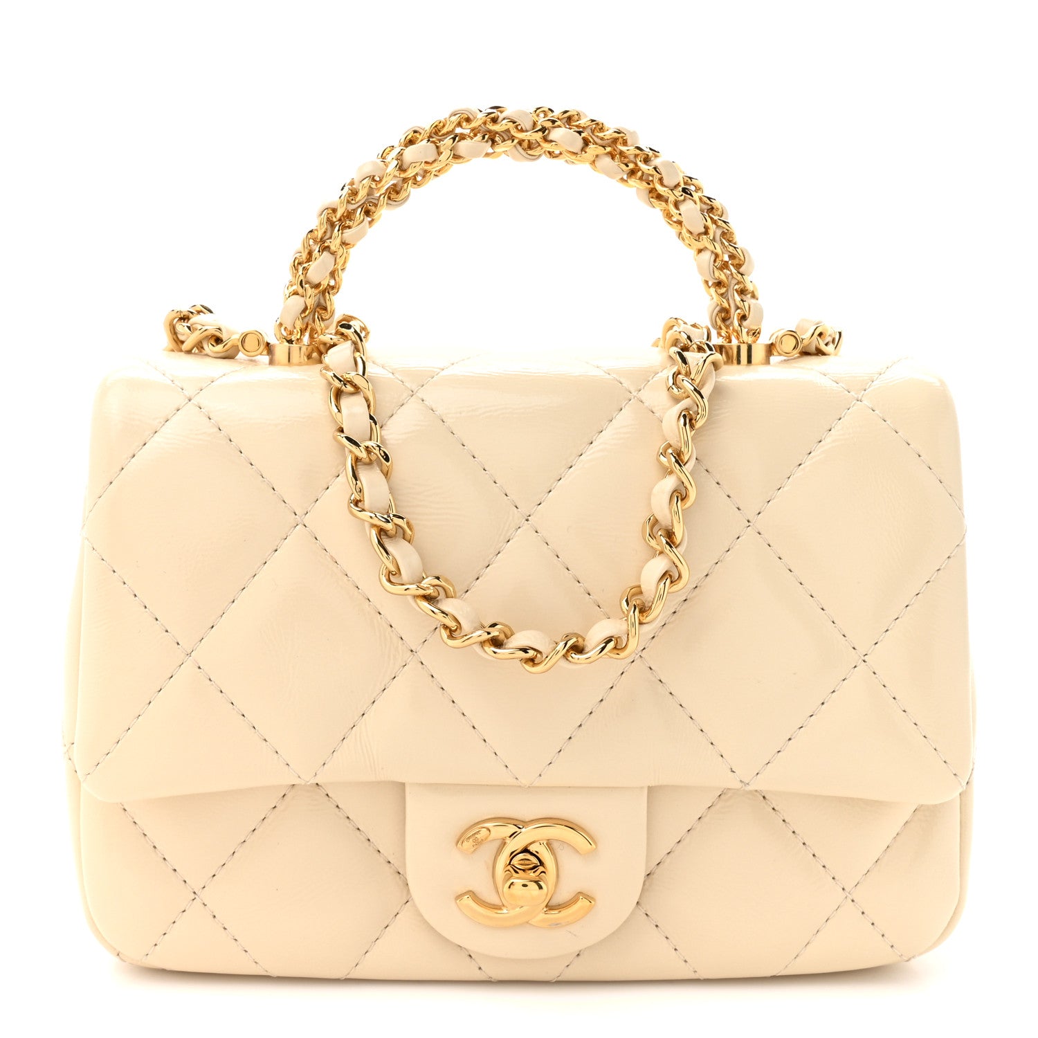 Chanel Shiny Lambskin Quilted Golden Links Top Handle Flap White