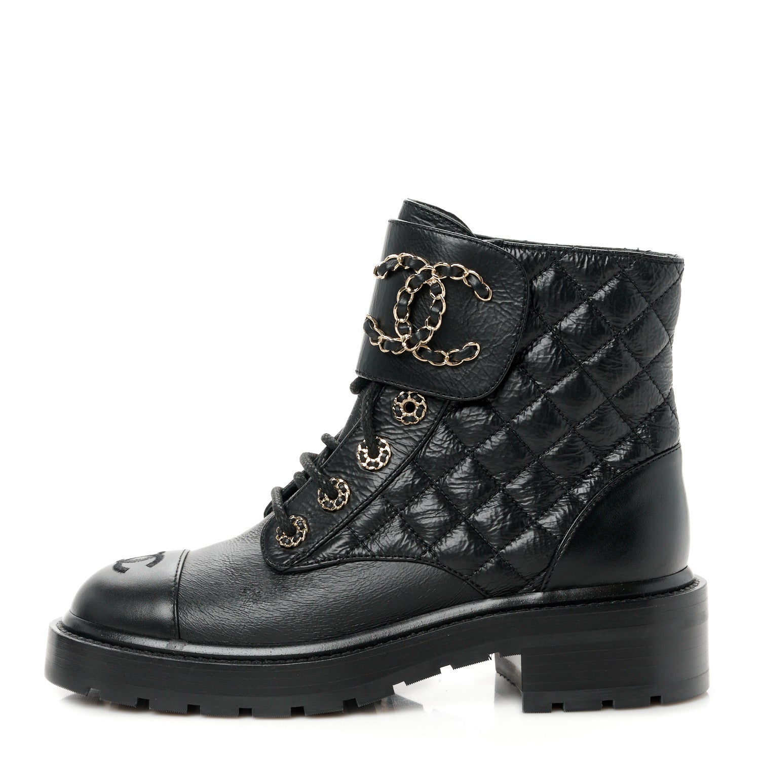 Chanel Shiny Goatskin Calfskin Quilted Lace Up Combat Boots 36 Black 1 of 10