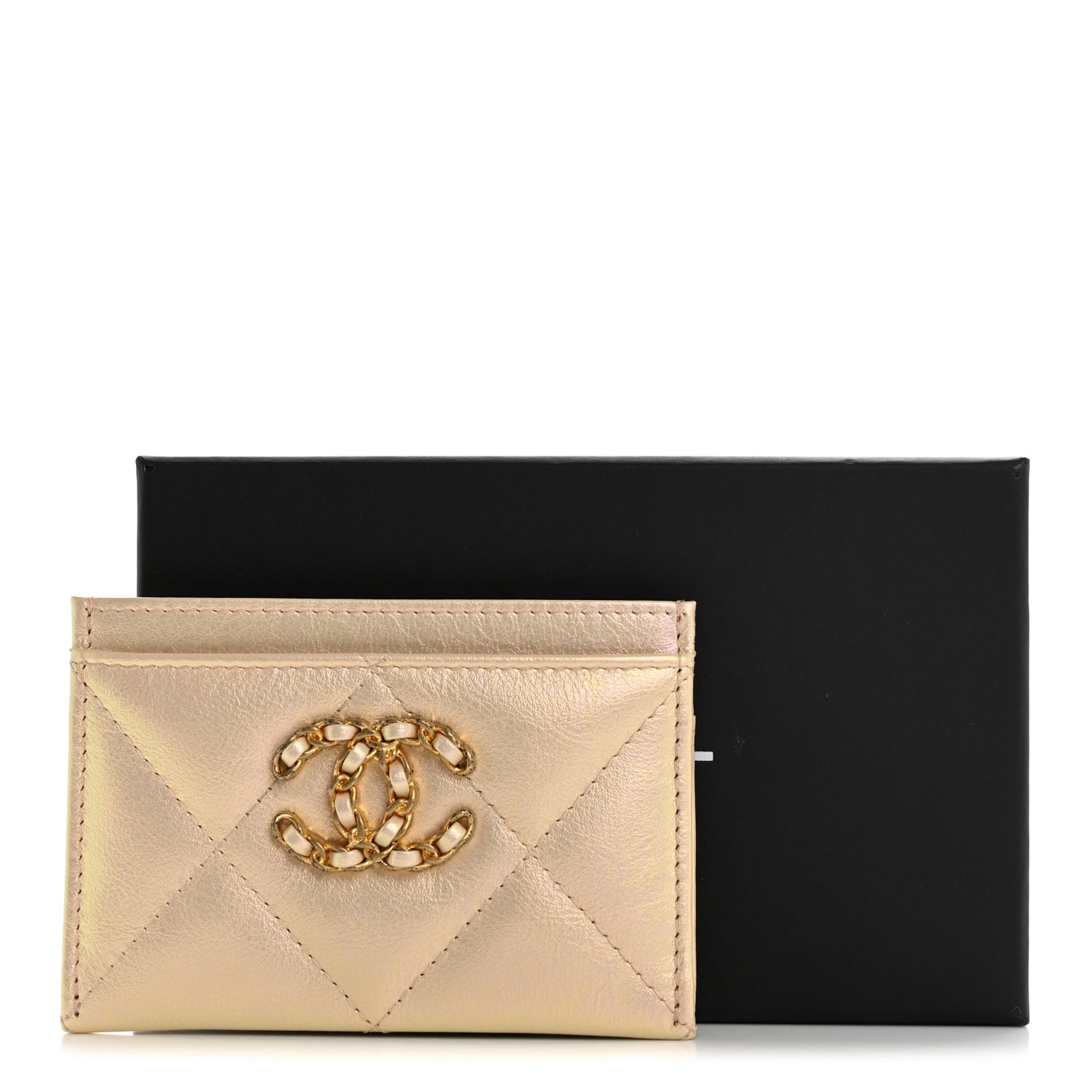 Metallic Goatskin Quilted Chanel 19 Card Holder Gold