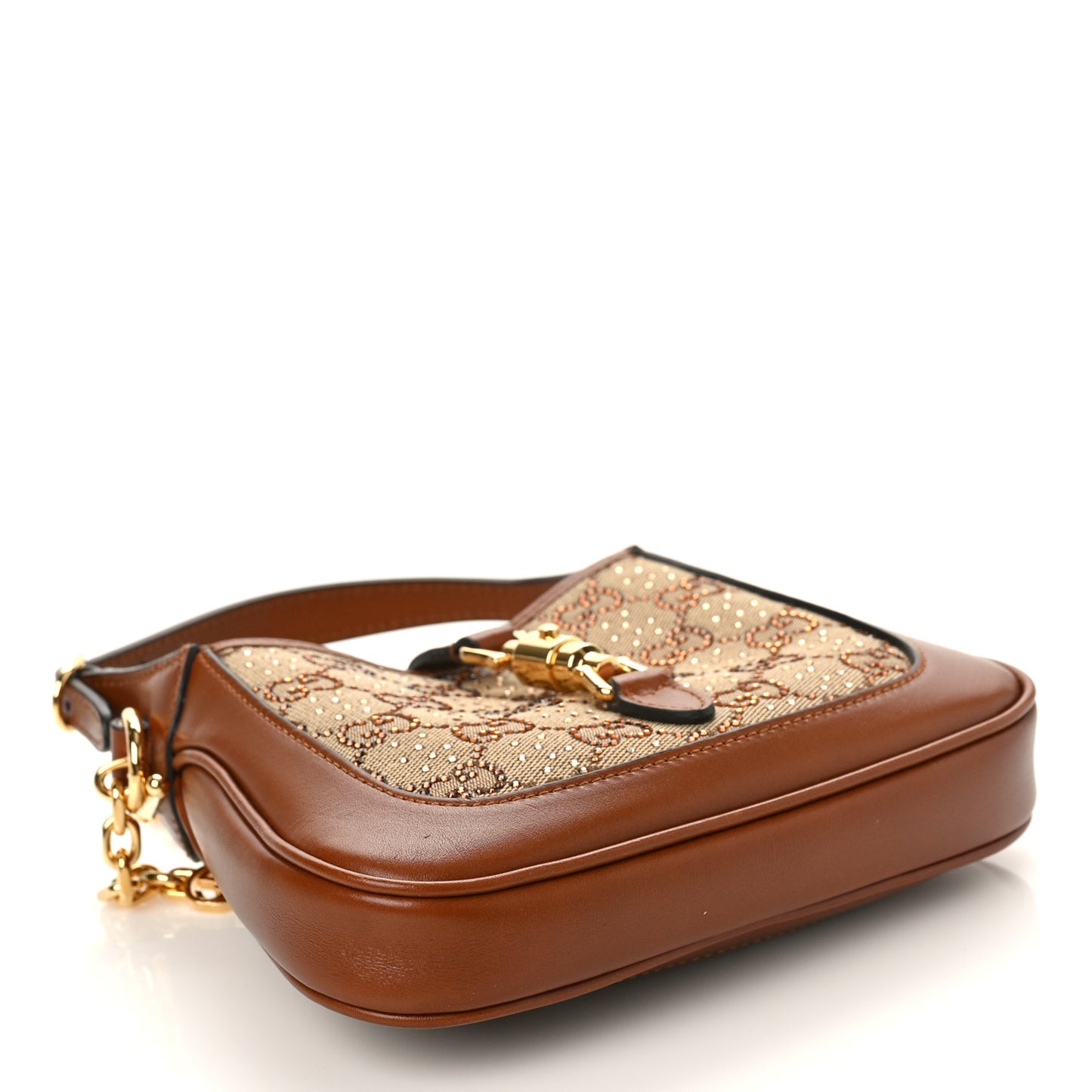 New Canvas Charisma Calfskin Crystal GG Monogram Mini Jackie 1961 Hobo Camel Ebony