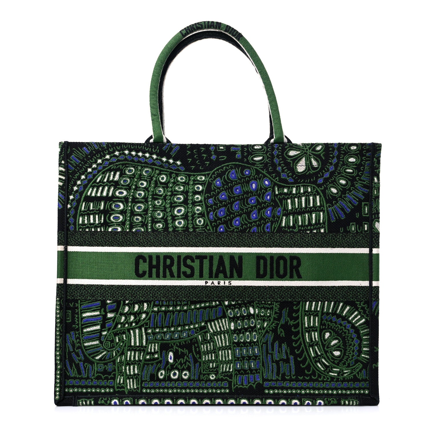 B！CHRISTIAN DIOR グリーン ブックトート Christian Dior Canvas Embroidered Dior Animals Elephant Book Tote
