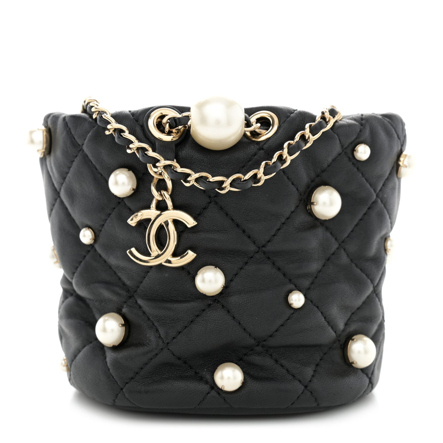 Lambskin Quilted Pearl Mini About Pearls Drawstring Bag Black