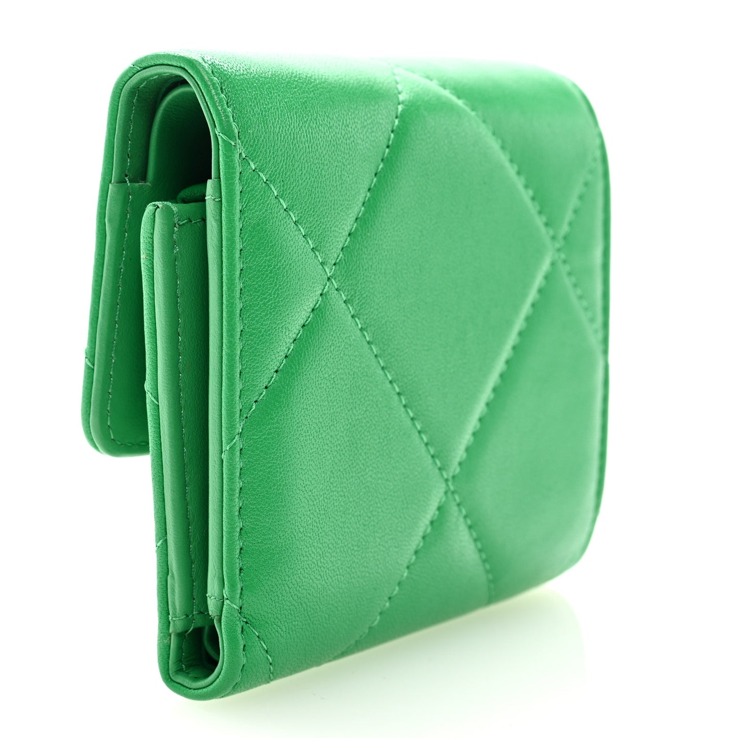 Goatskin Quilted Chanel 19 Small Flap Wallet Green