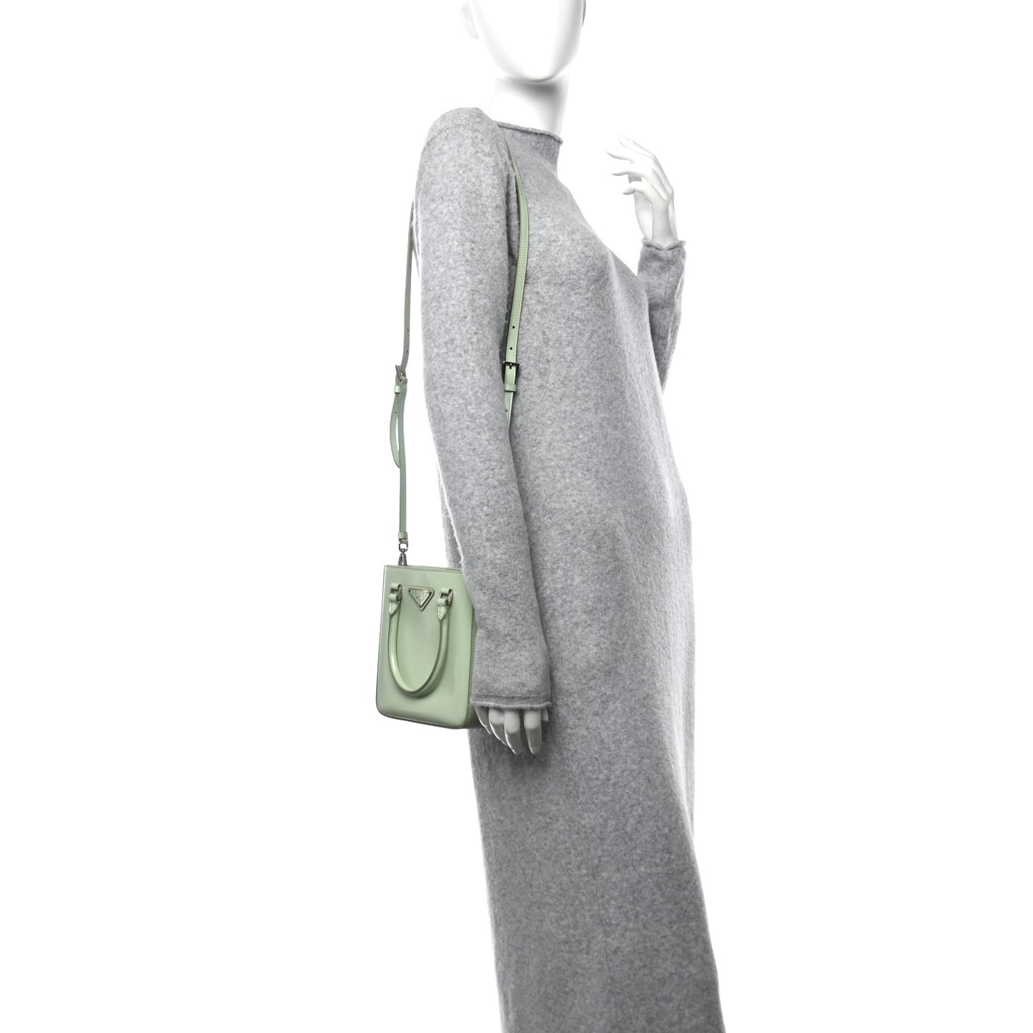 Spazzolato Metal Triangle Logo Small Double Handle Crossbody Tote Acqua