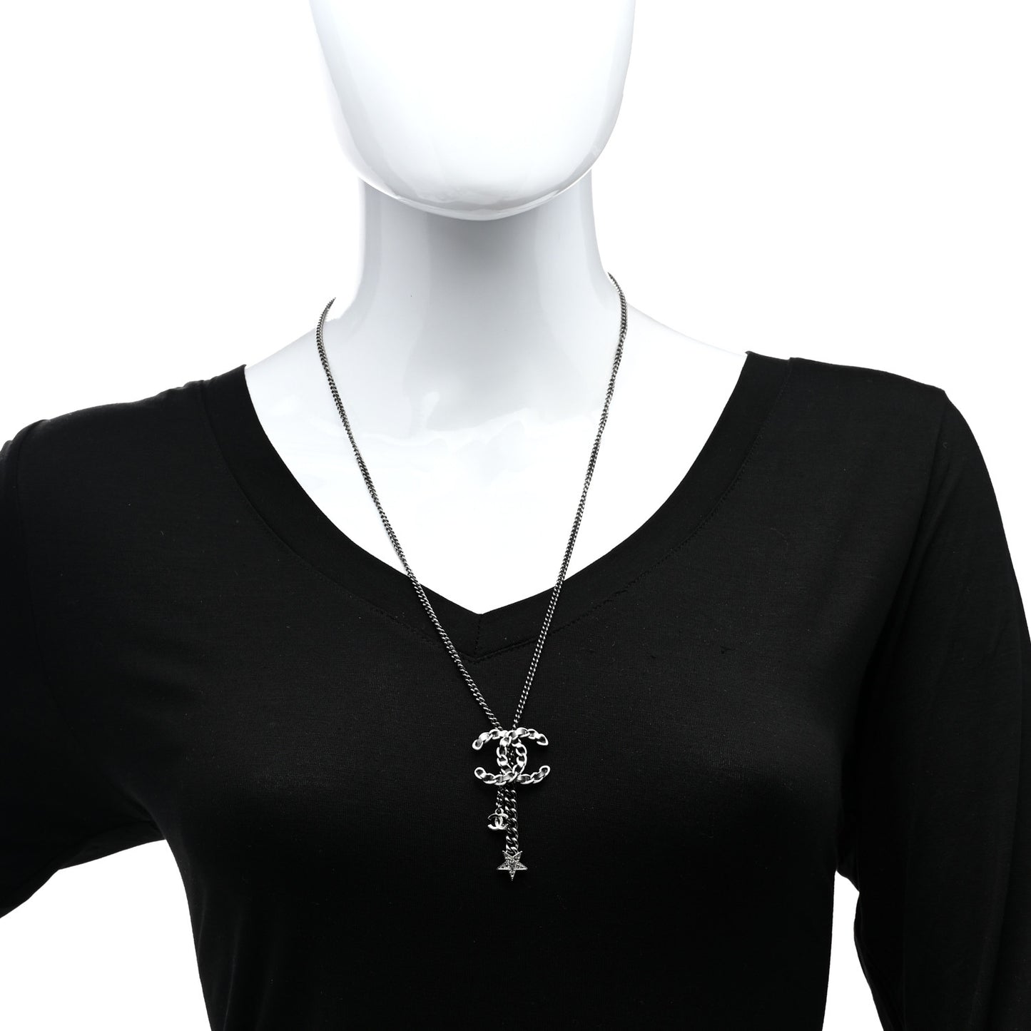 CHA CC Chain Charm Necklace Silver White